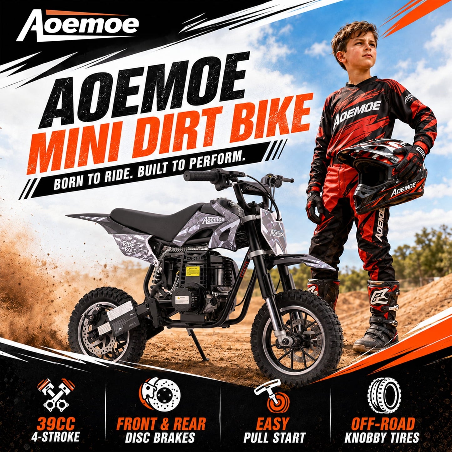 Aoemoe 49cc Kids Dirt Bike, Gasoline Powered 2-Stroke Mini Motorcycle, 1-Seater, Black