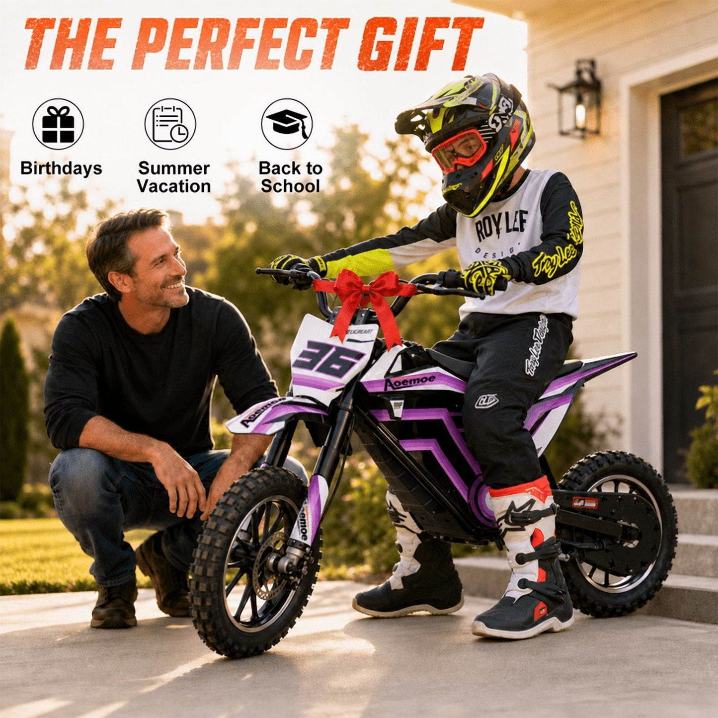 Aoemoe Electric Dirt Bike, 36V 500W Motorized Mini Bike, 17 MPH Top Speed, Front Suspension, Off-Road Tires, Purple