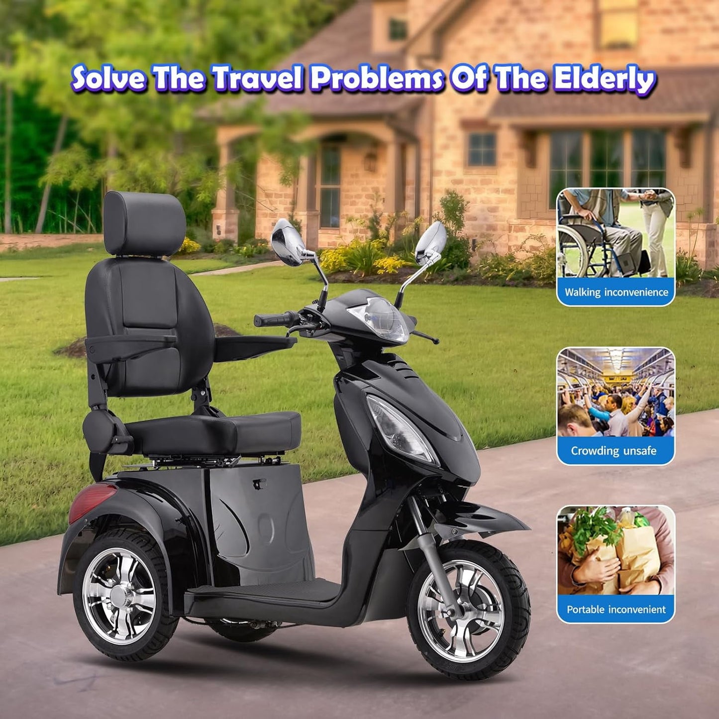 Super Large Electric 3 Wheel Mobility Scooters, Heavy Duty 800W Wheelchair Device, 500 LBS Capacity for Seniors & Adults, Speed Adjust, Remote Key, Receive Ready to Ride.（Black）
