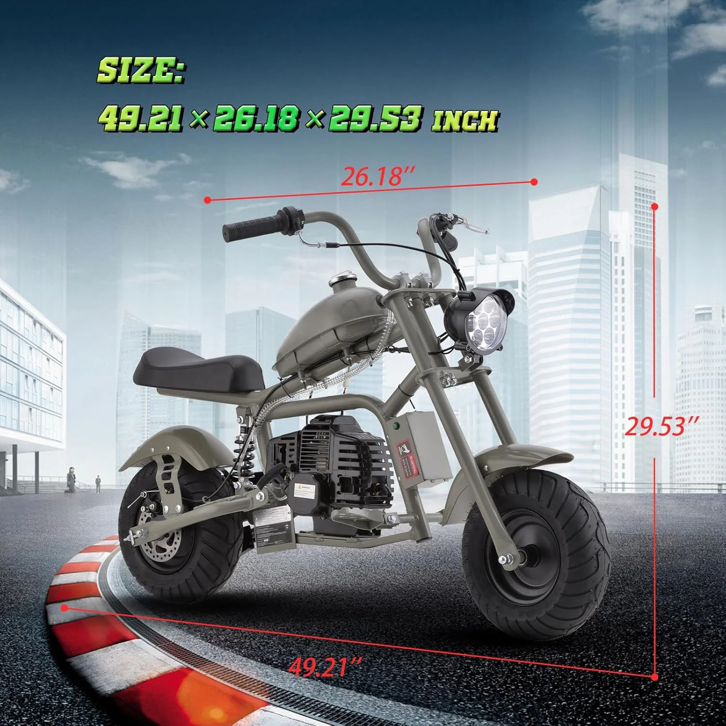 Aoemoe Gas Mini Chopper Bike, DB003 Model 49.4 CC 2-Stroke Dirt Bike with Big Headlight, Rear Shock Absorber, Metal Frame, Disc Brakes, Max Load 165Lbs, Up to 18Mph（Black）