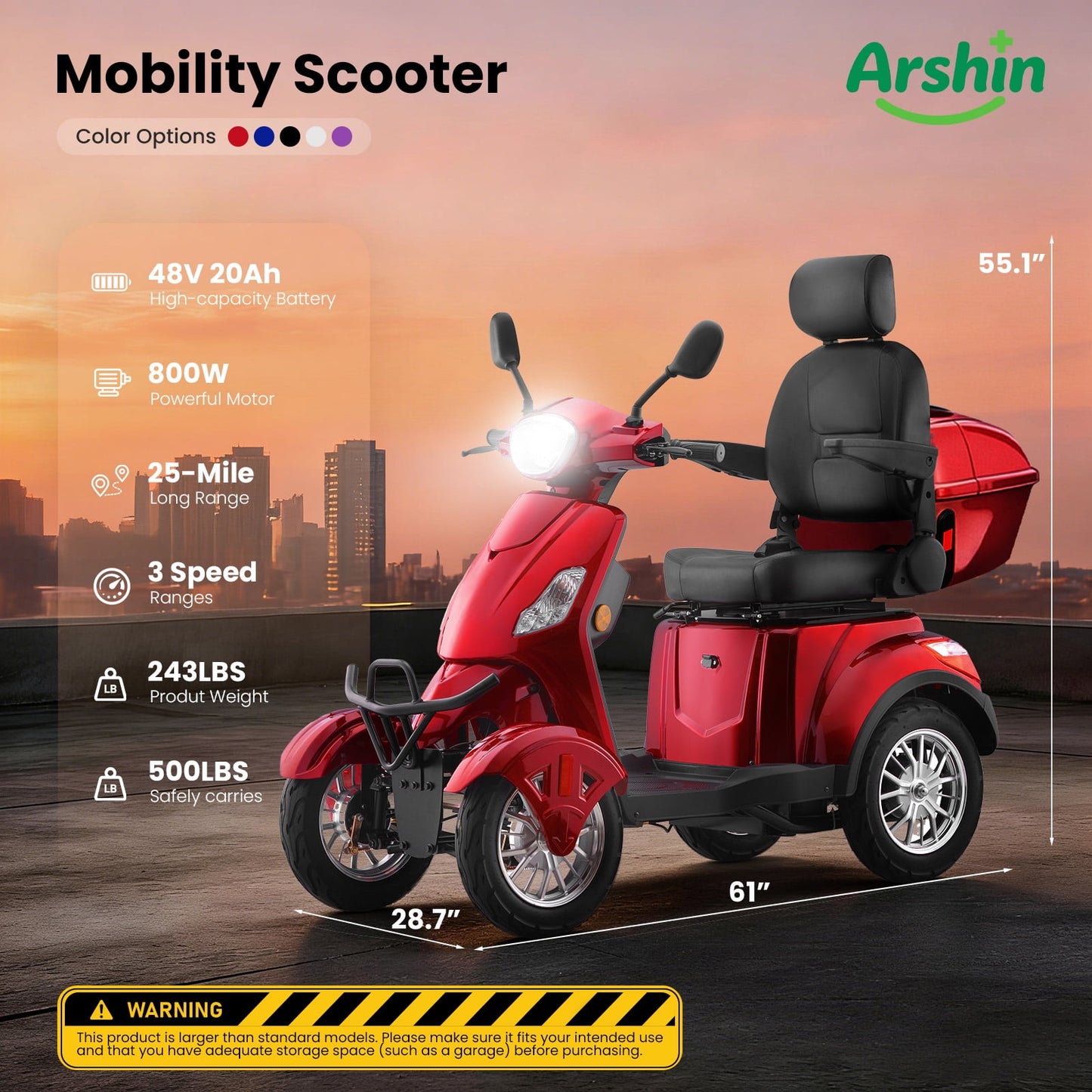 Arshin Upgrade Heavy Duty 4-Wheel Mobility Scooter for Seniors & Adults–500lbs Capacity,800W Motor,25-Mile Range,All-Terrain Fat Tires,Full LED Lighting & Remote Key(Red)