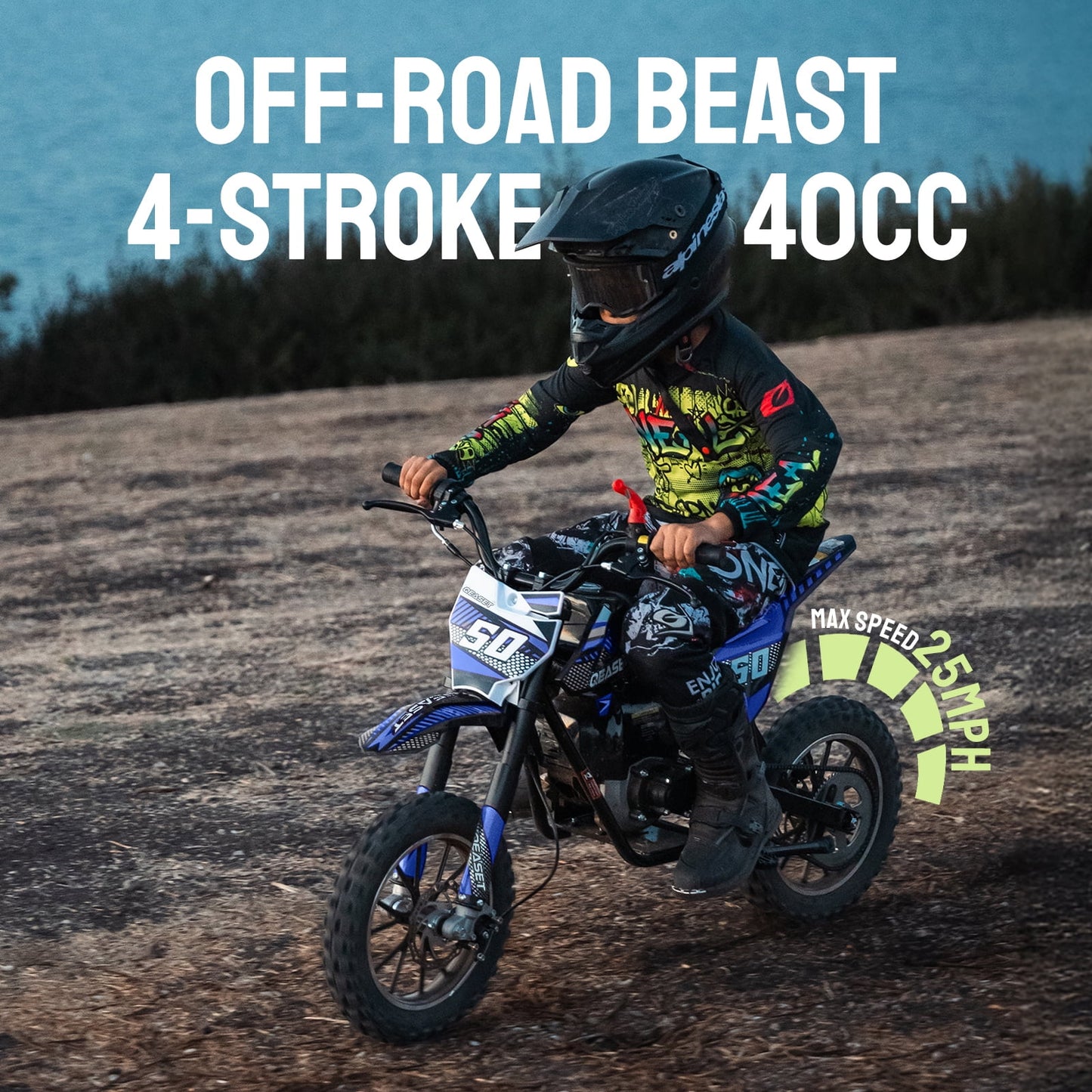 Upgrade Gas Dirt Bike,40cc 4-Stroke Gas Powered Kids Off Road Motorcycle with Off-Road Tire,Suspensions,Disc Brakes,Max Load 165Lbs,Up to 25Mph(Blue)