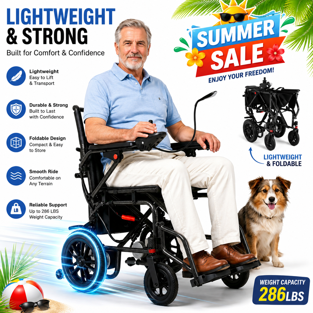 Electric Wheelchairs for Adults，Lightweight Foldable Wheelchair 15 Miles Long Travel Range, 360° Joystick Control Motorized Wheelchair, Support 286 lbs with LED Light Power Wheelchair (Black)
