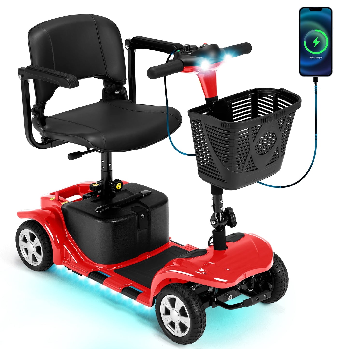 QEASET 4 Wheels Mobility Scooter for Seniors, Electric Folding Wheelchair Device for Travel, Mother's Day Gift for Mom, Red