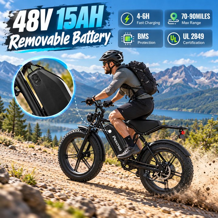 Pescroa Electric Bike for Adults, 750W Motor, 20"x4" Fat Tire, 28MPH Pedal-Assist Mode, E Mountain Bike, 48V/15AH , Tested to UL2849 Standard by SGS