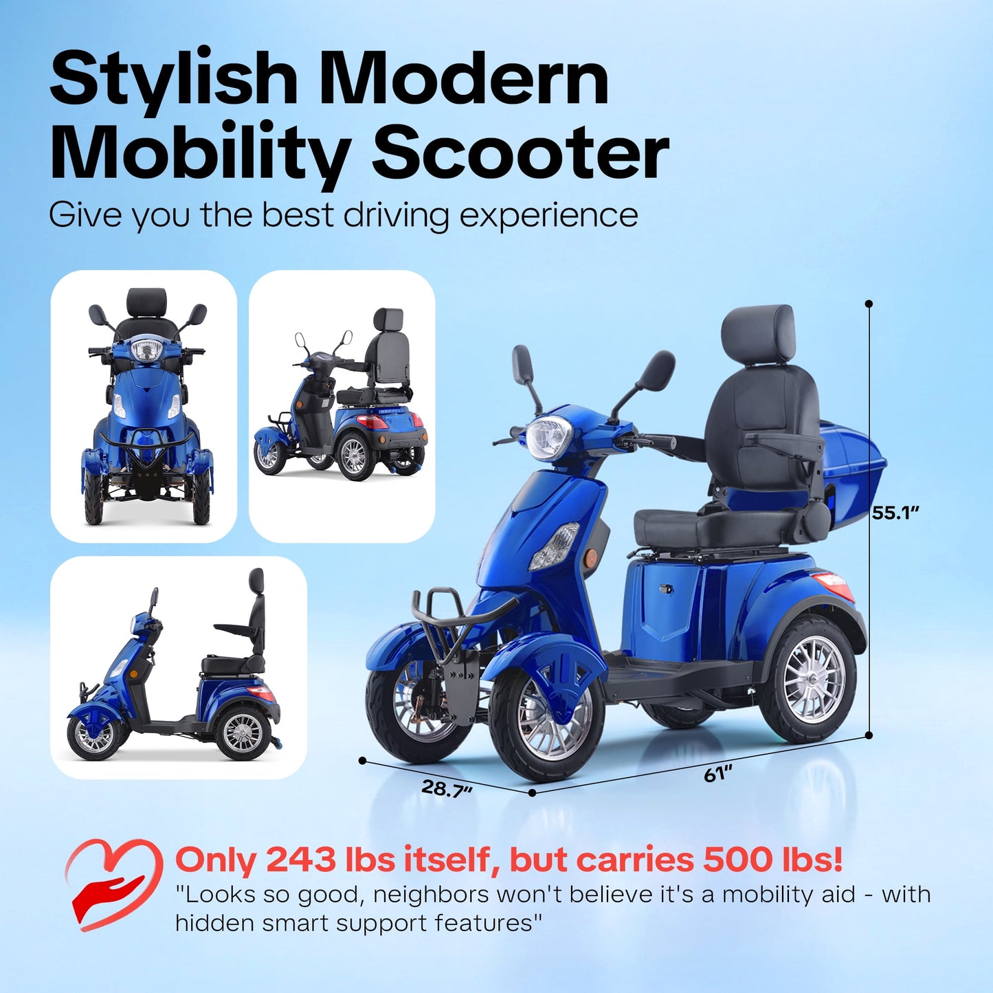 Upgrade Heavy Duty 4 Wheel Mobility Scooters for Seniors & Adults 500lbs Capacity,Arshin 800W All Terrain Fast Mobility Scooter for Travel,Electric Powered Chair,25 Miles Rang,Remote Key(Blue)