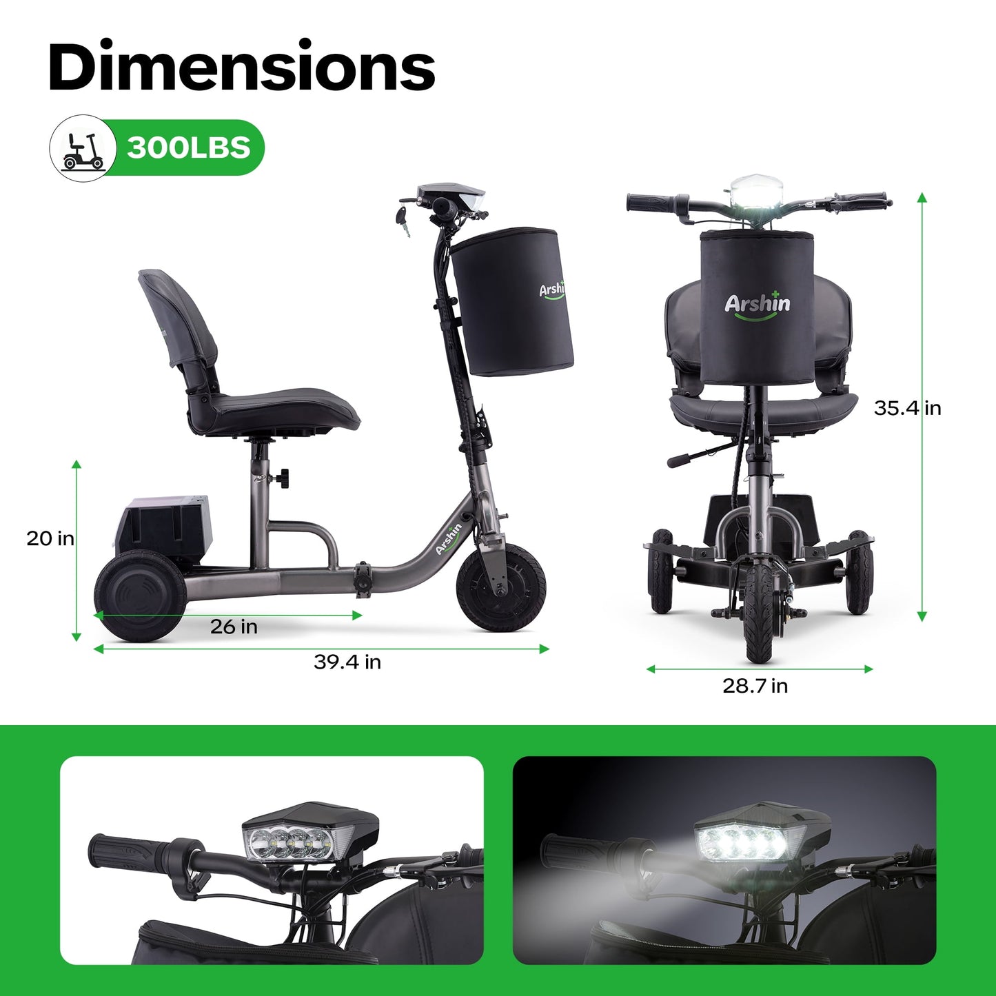 Upgrade Mobility Scooter Lightweight Foldable,All Terrain Mobility Scooters for Seniors & Adults,Arshin 300lbs Electric Wheelchair Strong Device for Travel,2 Batteries,Variable Speed(Gunmetal)