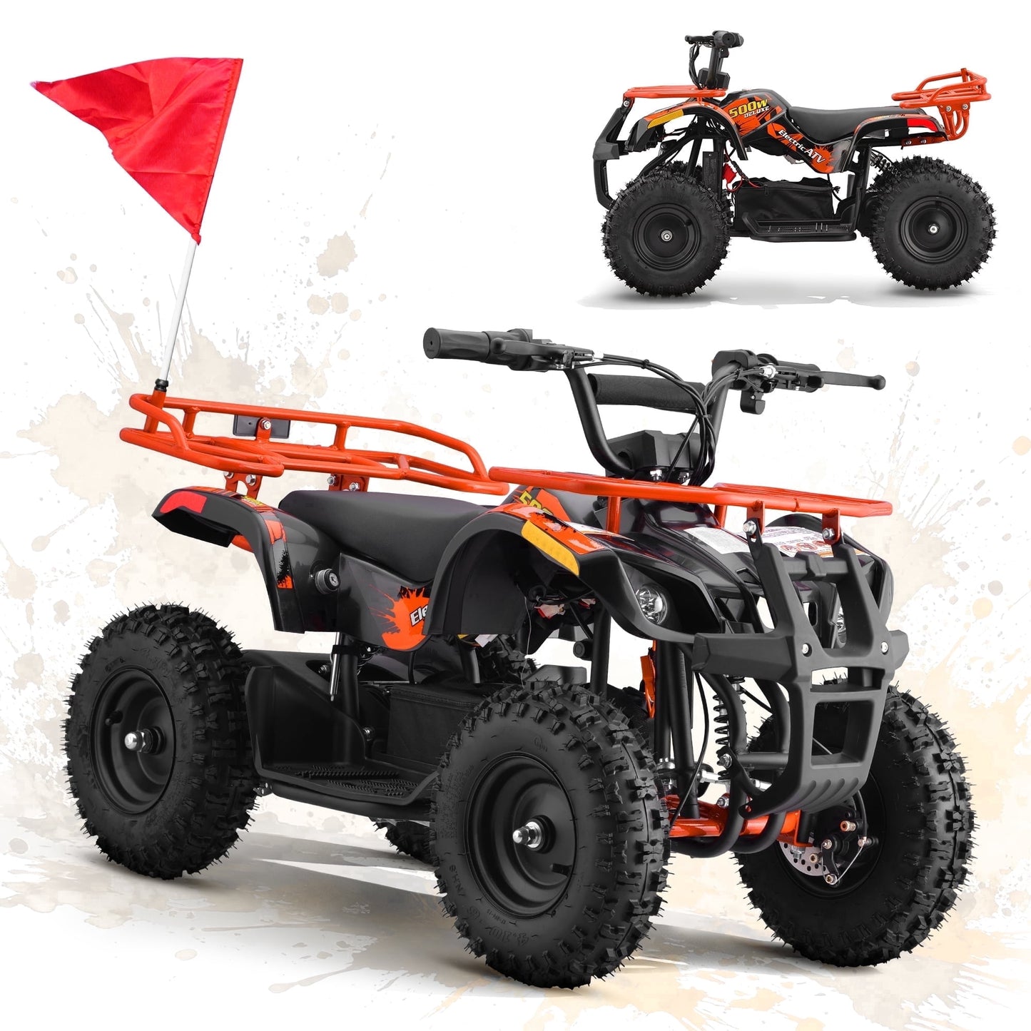 36V 500W Electric 4 Wheeler for age 12+,10/15 MPH Speed Adjustment,IVFJFV 12AH Battery Powered 4 Wheel with Safety Lock,Powered Ride-on Car Dual Shock Absorbers,LED Light,10" Off-Road Tires,Orange