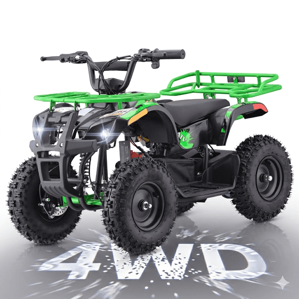 36V Electric 500W Motor 4‑Wheeler with Dual Shock Absorber Suspension, IVFJFV 4‑wheel Off‑Road Tires & Anti‑Collision Safety Flag for Age 8‑14 for Backyard Leisure & Rough Ground Trips,Green