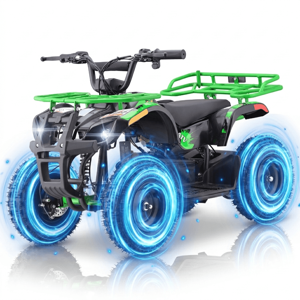 36V Electric 500W Motor 4‑Wheeler with Front & Rear Suspension, IVFJFV Electric 4‑wheel Off‑Road Deep‑Tread Tires & Safety Warning Flag & Bright LED Headlights,Green