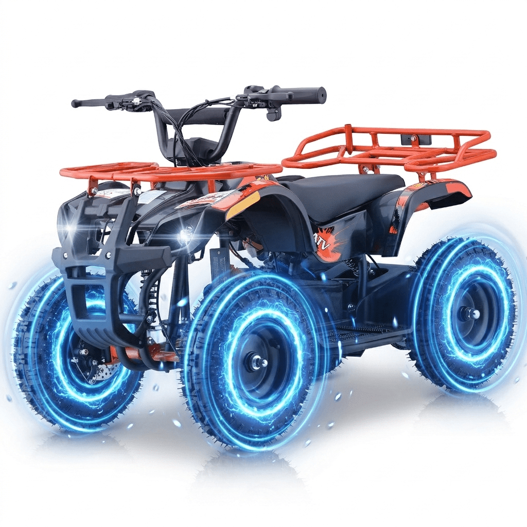 36V Electric 500W Motor 4‑Wheeler with Front & Rear Suspension, IVFJFV Electric 4‑wheel Off‑Road Deep‑Tread Tires & Safety Warning Flag & Bright LED Headlights,Orange