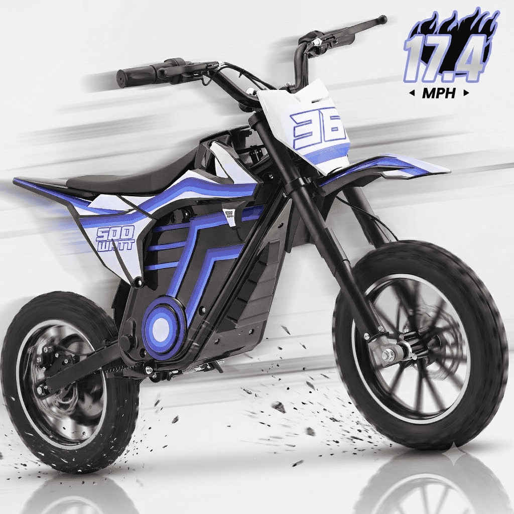 36V Electric Dirt Bike for Kids,IVFJFV 500W Kids Electric Dirt Bike, All Terrain Off-Road E Dirt Bike with Front & Rear Disc Brakes,Dual Speed Mode Max 17.4 MPH,23.6 Miles Long Range,BLUE