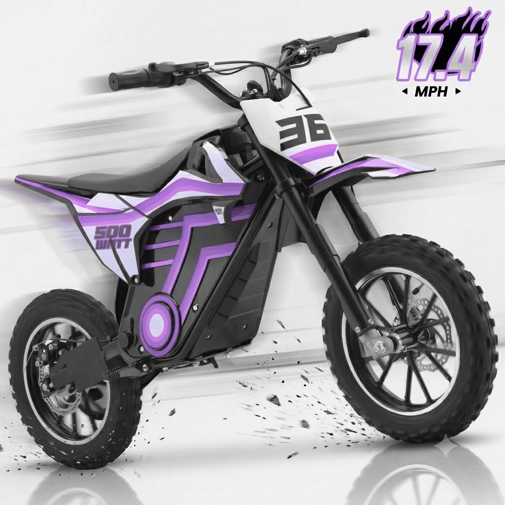 36V Electric Dirt Bike for Kids,IVFJFV 500W Kids Electric Dirt Bike, All Terrain Off-Road E Dirt Bike with Front & Rear Disc Brakes,Dual Speed Mode Max 17.4 MPH,23.6 Miles Long Range,PURPLE