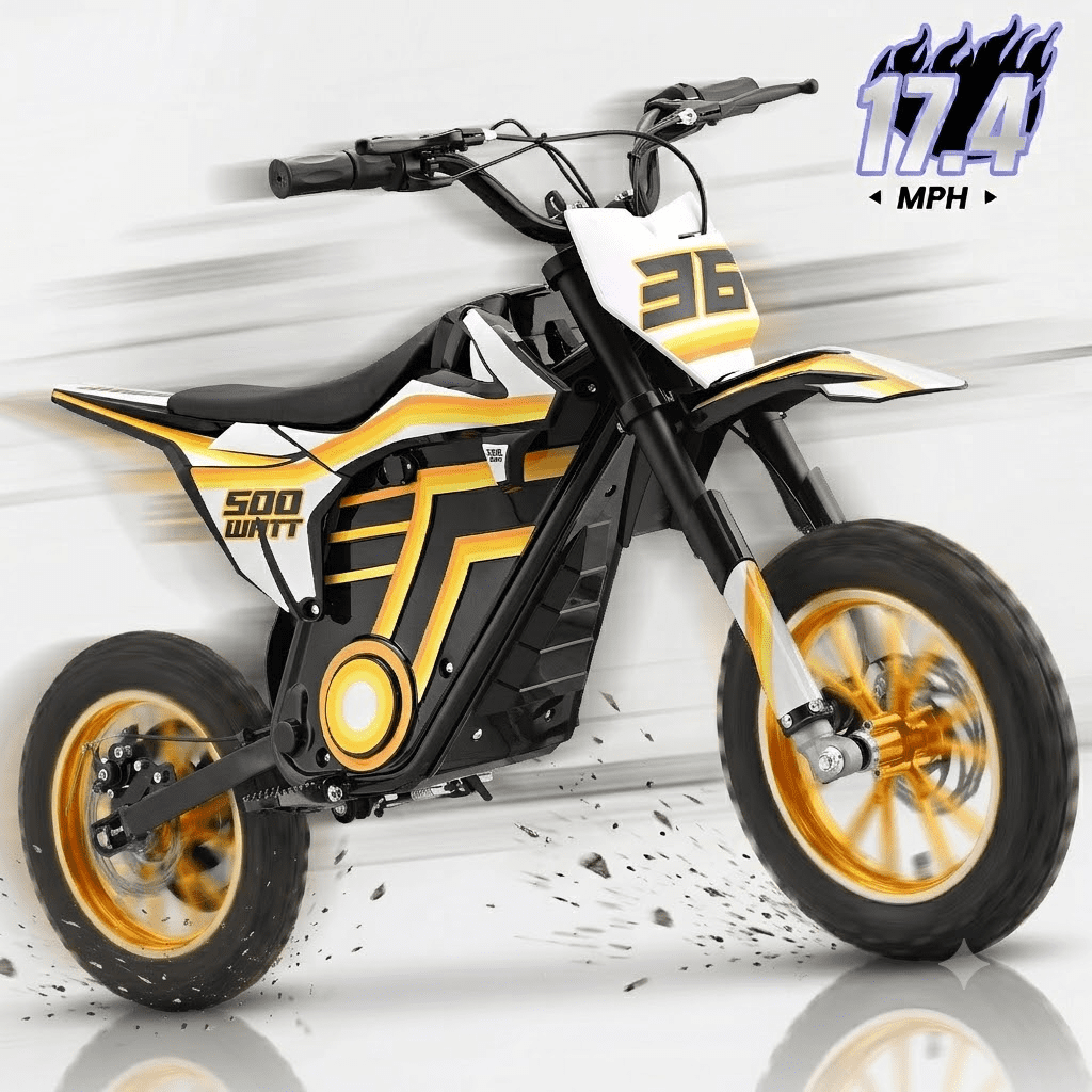 36V Electric Dirt Bike for Kids,IVFJFV 500W Kids Electric Dirt Bike, All Terrain Off-Road E Dirt Bike with Front & Rear Disc Brakes,Dual Speed Mode Max 17.4 MPH,23.6 Miles Long Range,YELLOW