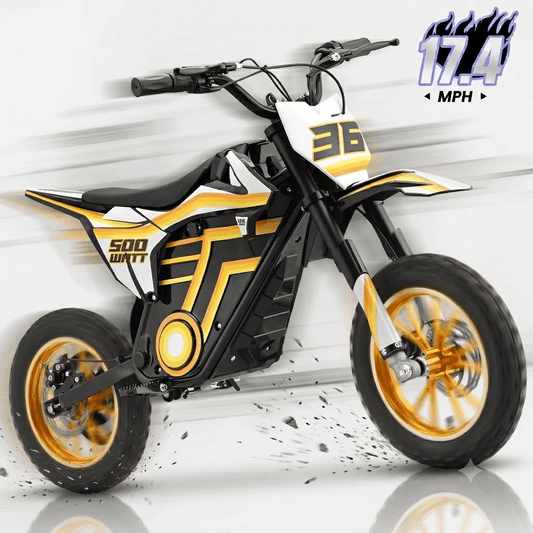 36V Electric Dirt Bike for Kids,IVFJFV 500W Kids Electric Dirt Bike, All Terrain Off-Road E Dirt Bike with Front & Rear Disc Brakes,Dual Speed Mode Max 17.4 MPH,23.6 Miles Long Range,YELLOW