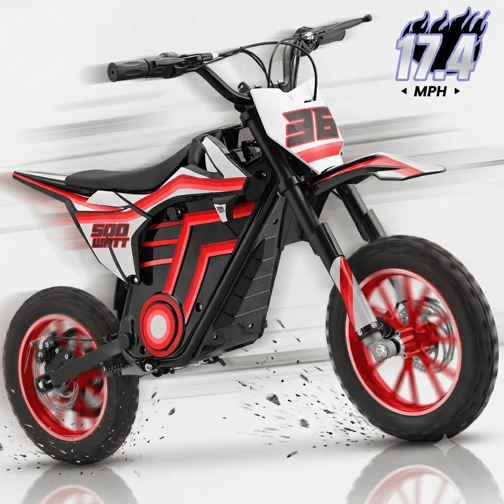 36V Electric Dirt Bike for Kids,IVFJFV 500W Kids Electric Dirt Bike, All Terrain Off-Road E Dirt Bike with Front & Rear Disc Brakes,Dual Speed Mode Max 17.4 MPH,23.6 Miles Long Range,RED