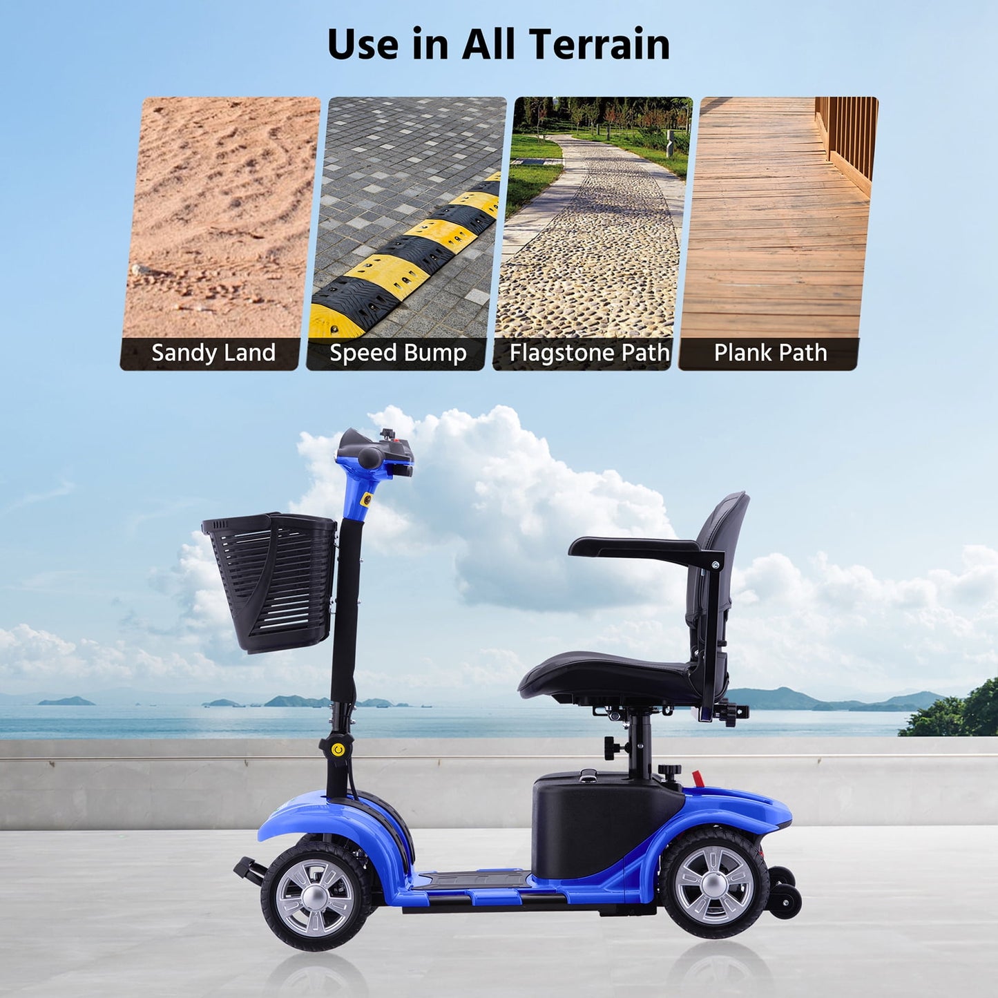 Upgrade 4 Wheels Mobility Scooters for Seniors & Adult,Foldable Electric Wheelchair for Adult,All Terrain Motorized Scooters with 300 LBS,Long Travel Range,Basket,Rotating Seat,Blue