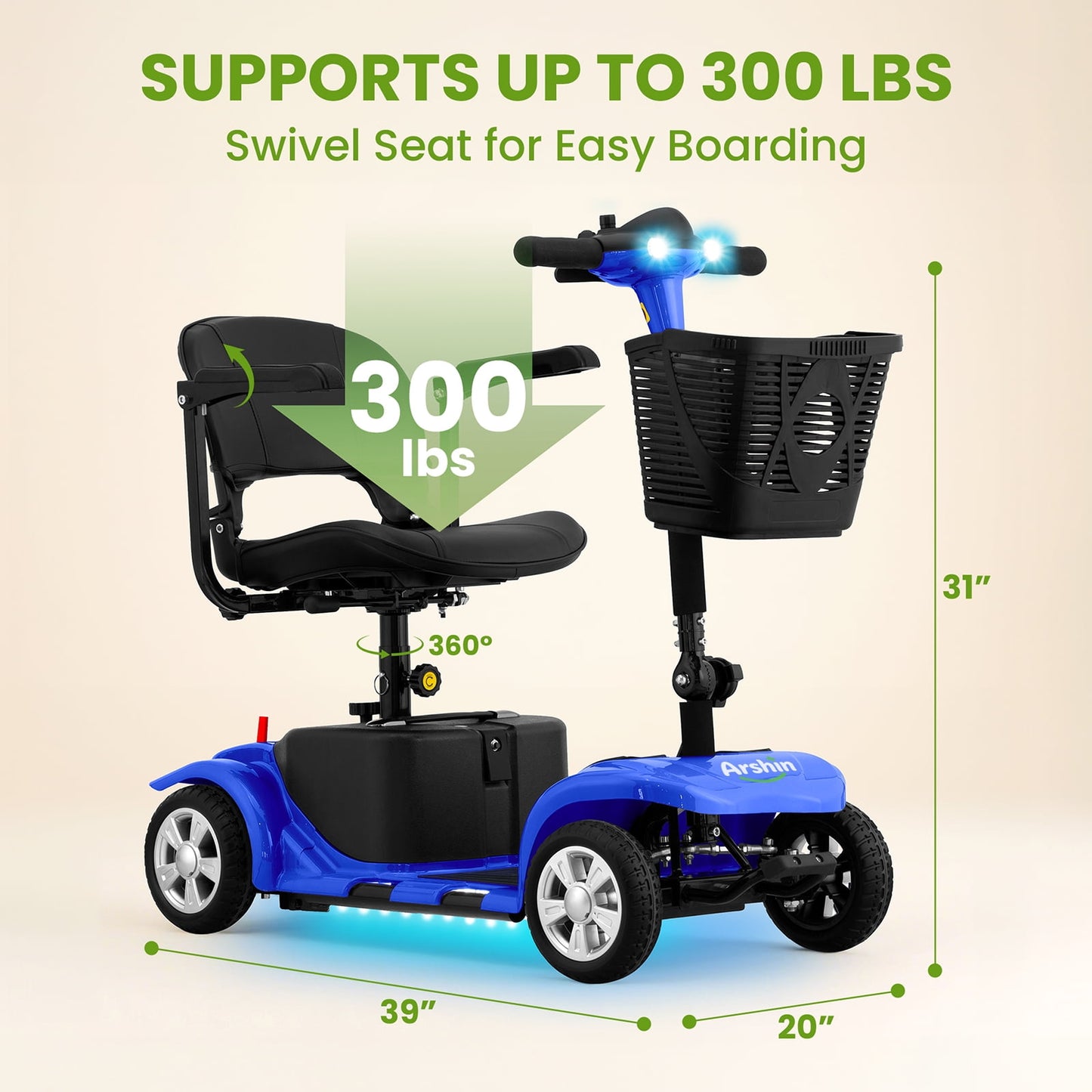 Arshin Upgrade 4 Wheels Mobility Scooters for Seniors & Adult,All Terrain Motorized Scooters with 300 lbs,Blue