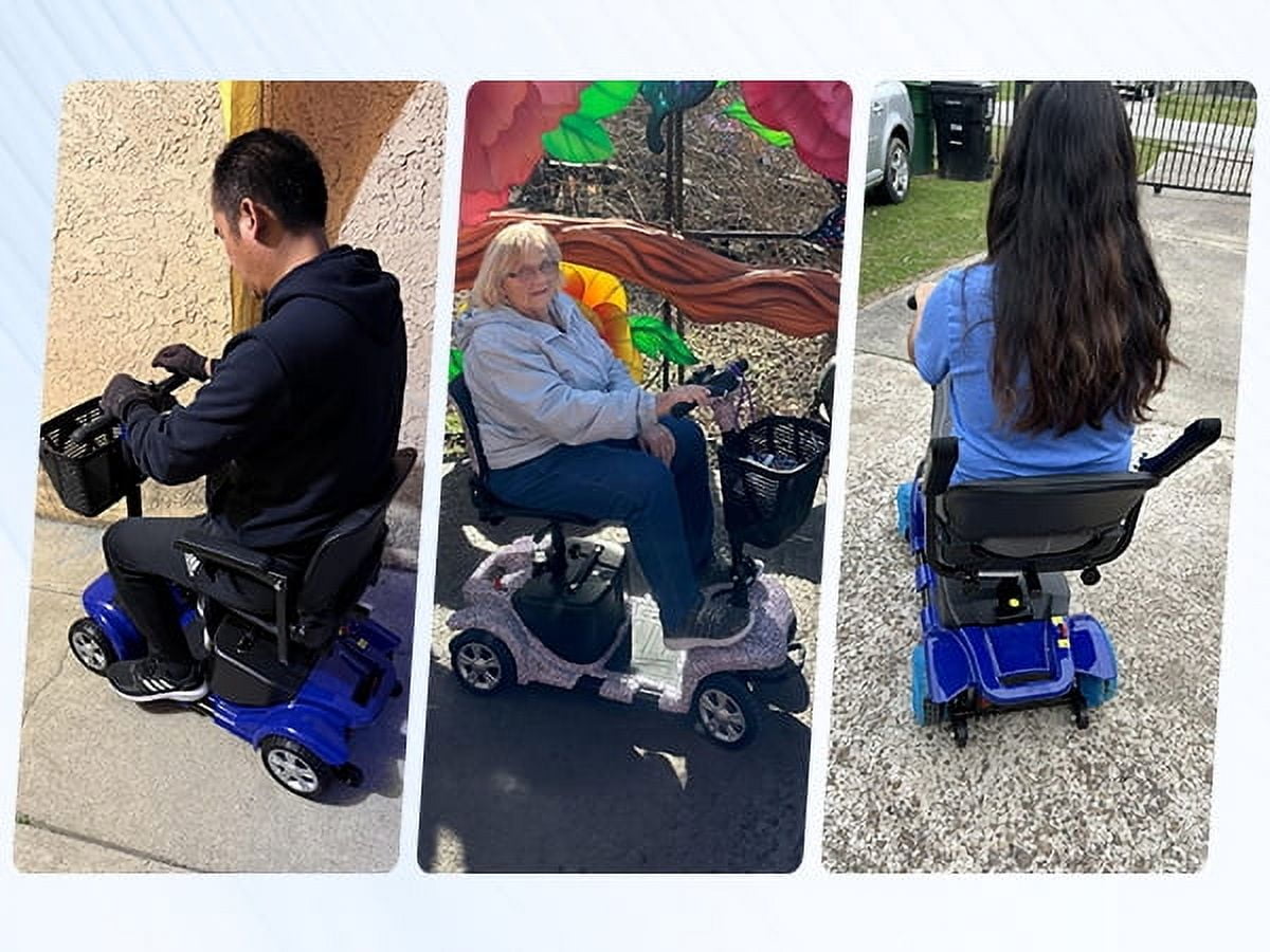 4 Wheels Mobility Scooter for Adults, Senior Electric Powered Chargeable Device for Travel, Lightweight and Portable, with LED Headlights and Basket, Charger Included (Blue)