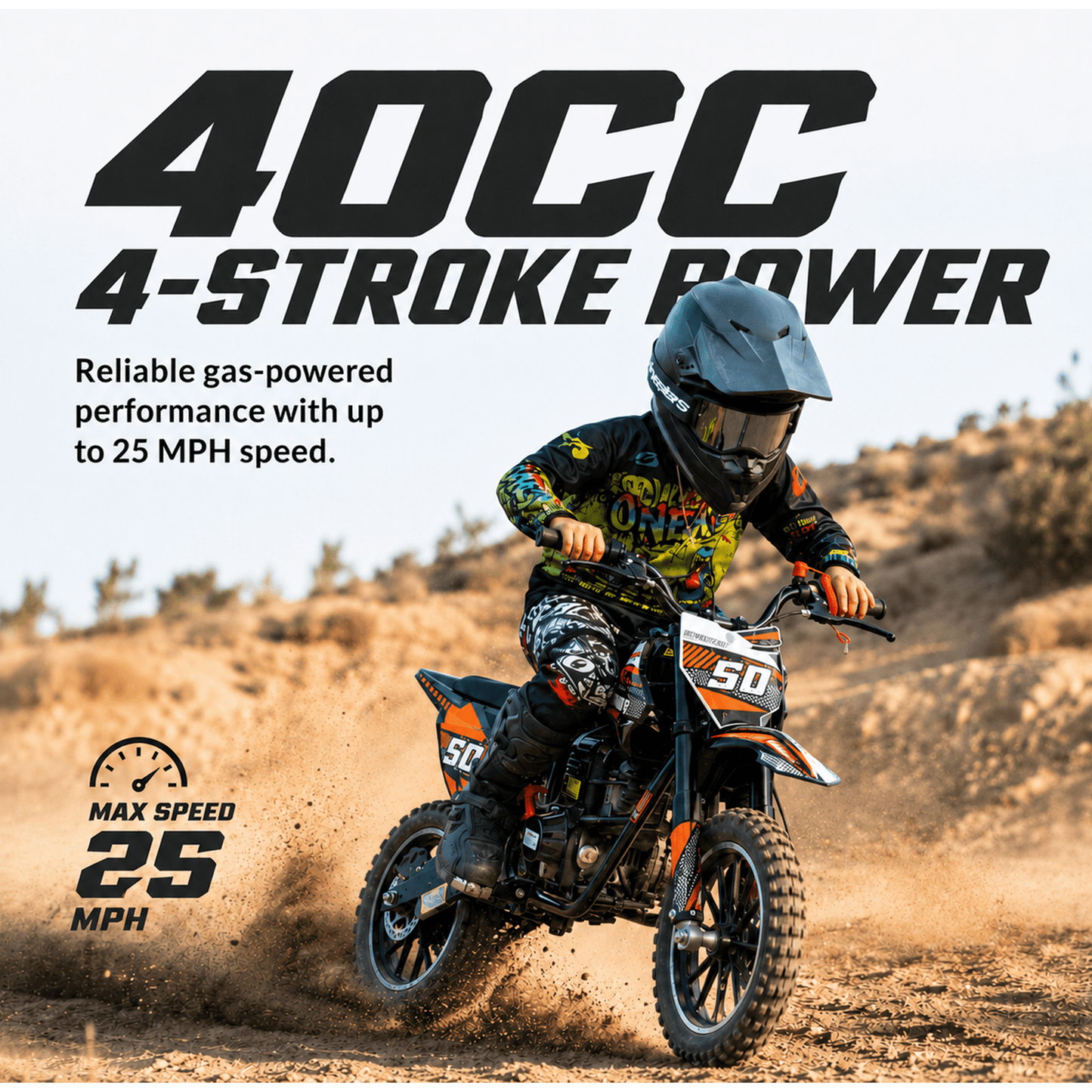 Aoemoe 39cc motor bike, 20mph gas dirt bikes for boys 8 12, Disc Brakes, Max Load 165Lbs, kids dirt bike, Orange