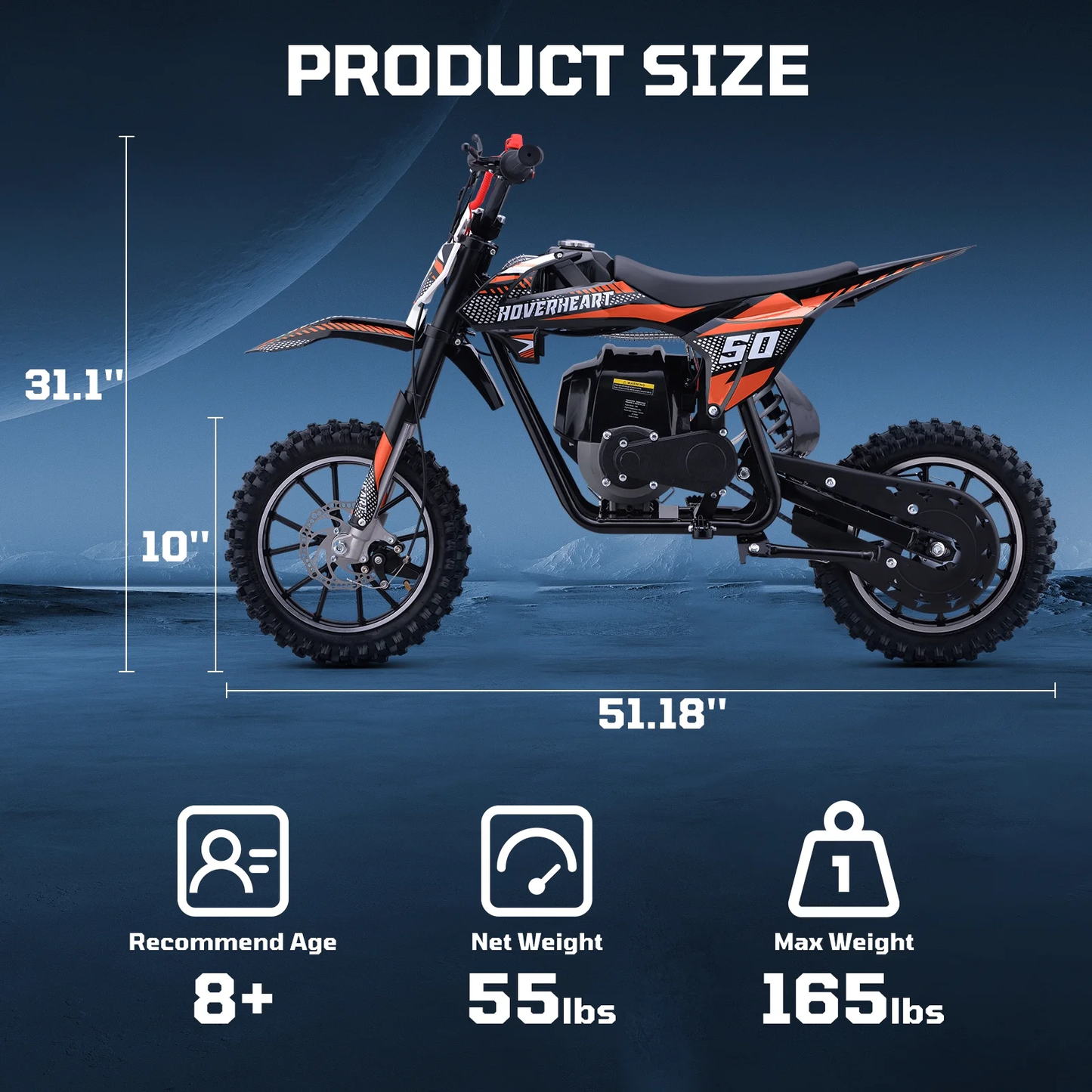 Aoemoe Gas Dirt Bike, 50cc 4-Stroke Gas Powered Kids Off Road Motorcycle (Model-DB4S004) with Off-Road Tire, Suspensions, Disc Brakes, Max Load 165Lbs, Up to 25Mph, NO OIL MIX REQUIRED
