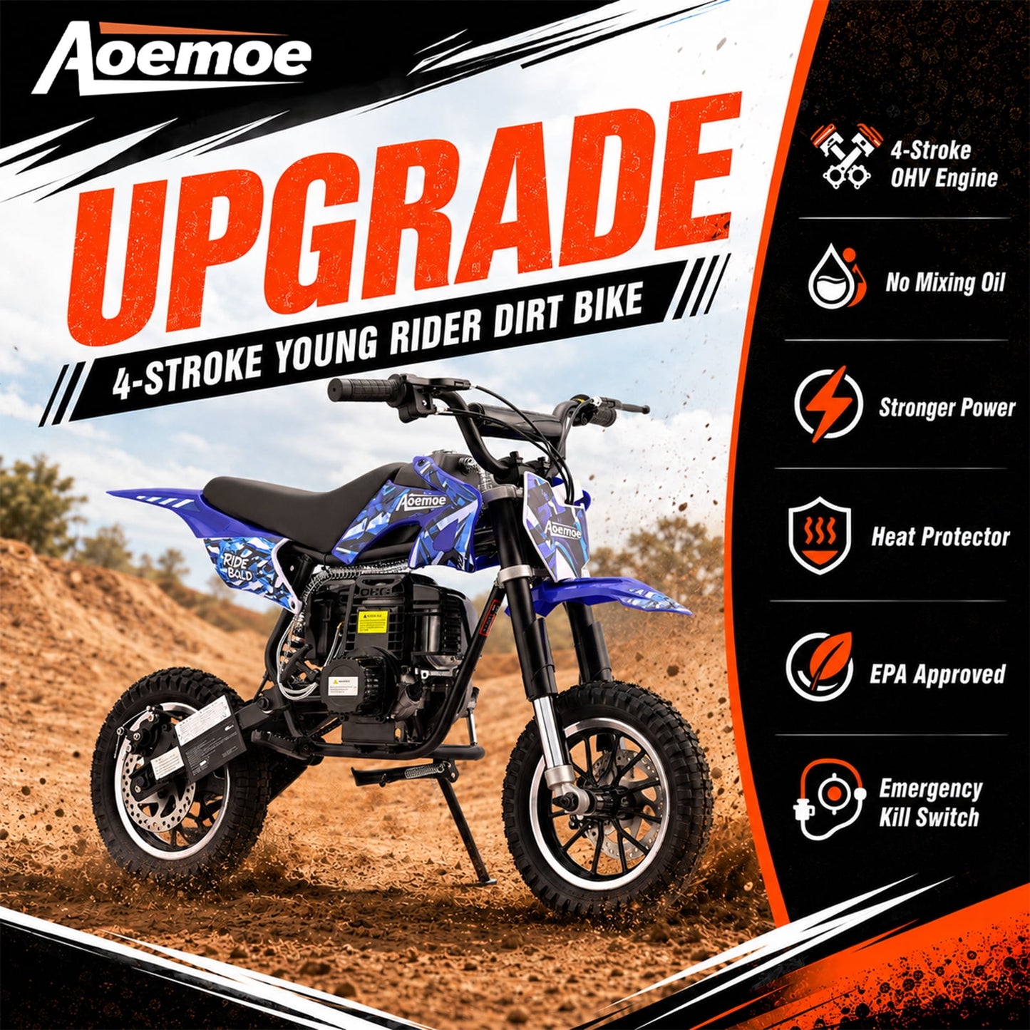 Aoemoe 49cc Kids Dirt Bike, Gasoline Powered 2-Stroke Mini Motorcycle, 1-Seater, Blue