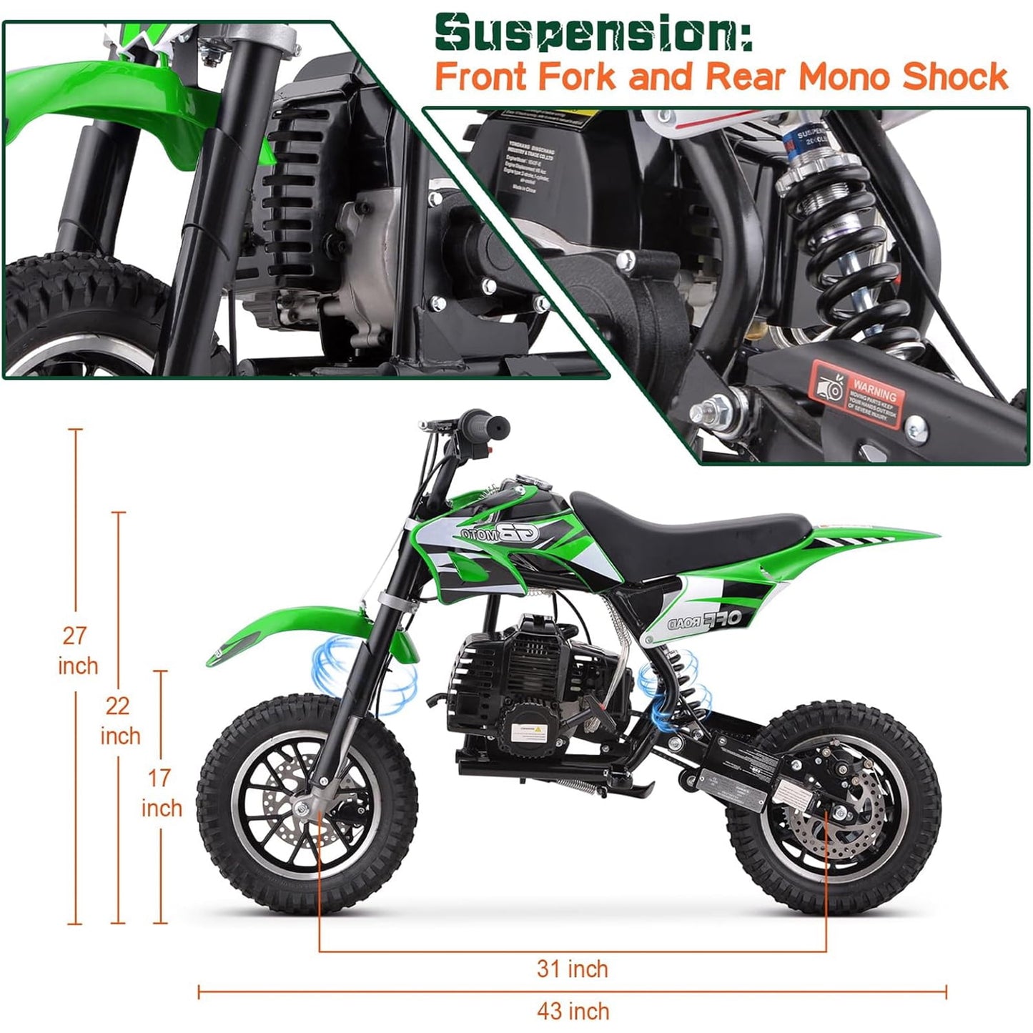 Arshin 50cc 2-Stroke Gas Dirt Bike - 20 MPH Max Speed,Disc Brakes,Perfect Youth & Adult Beginner Pit Bike(Green)