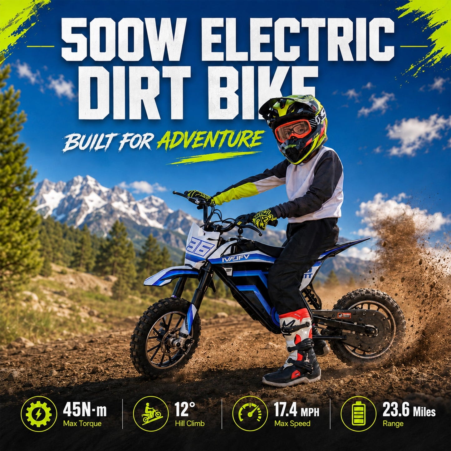 IVFJFV 500W Electric Dirt Bike for Kids,Up to 17.4MPH & 23.6 Miles,Two Speed Modes, Front & Rear Suspension,Mechanical Disc Brakes, 165 LBS,Beginner-Friendly Handle, All-Terrain,BLUE