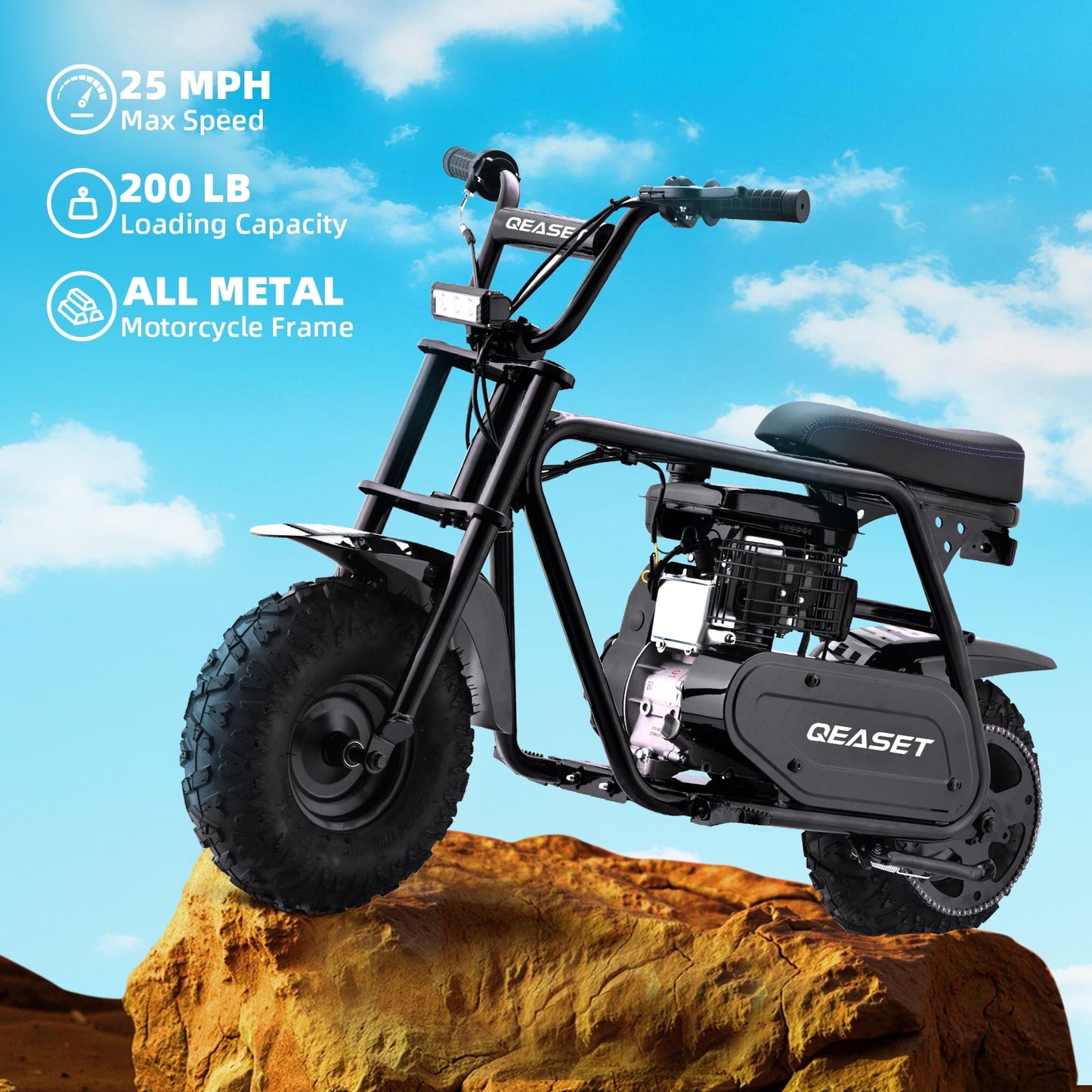 QEASET 99cc Dirt Bike, Gas Powered, 4-Stroke with LED Headlight, 25MPH Minibike Trail Bike, Pull Start, Poucket Bike for Teenager and Adult, Summer Gift
