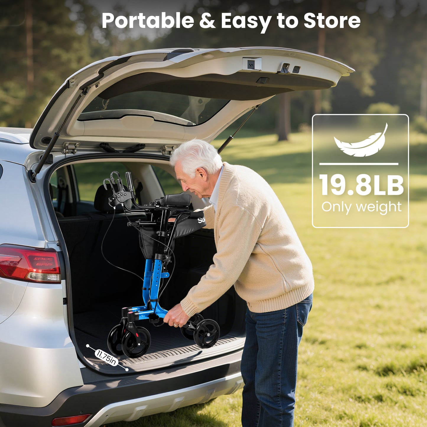 MOSTA All Terrain Upright Walker with Flat-Free Solid Rubber Tires - Outdoor Stand Up Walker for Seniors - Tall Standing Rollator with Seat