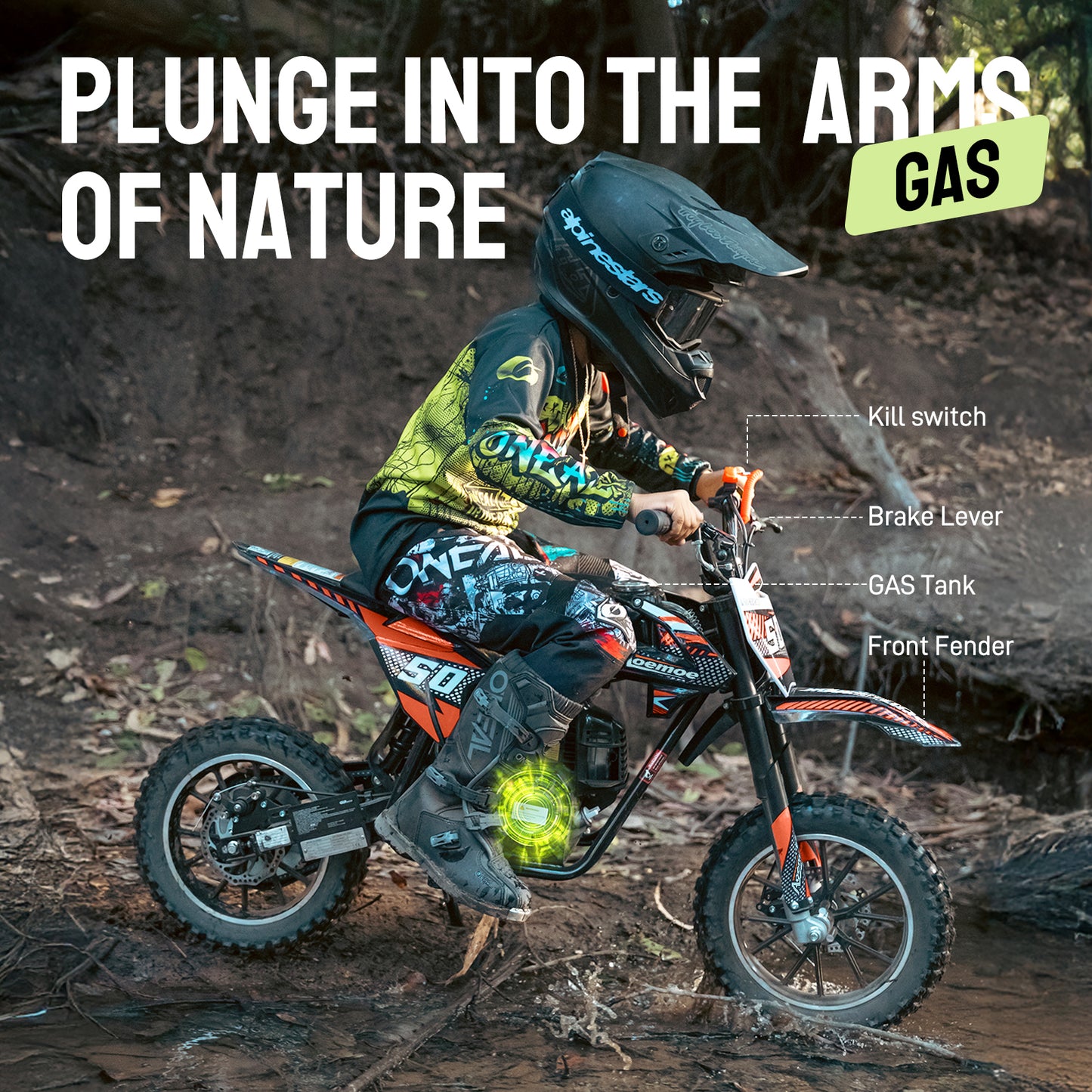 Aoemoe Gas Dirt Bike, 50cc 4-Stroke Gas Powered Kids Off Road Motorcycle (Model-DB4S004) with Off-Road Tire, Suspensions, Disc Brakes, Max Load 165Lbs, Up to 25Mph, NO OIL MIX REQUIRED