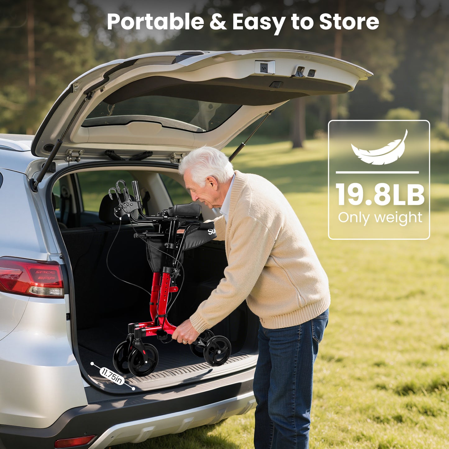 MOSTA All Terrain Upright Walker with Flat-Free Solid Rubber Tires - Outdoor Stand Up Walker for Seniors - Tall Standing Rollator with Seat