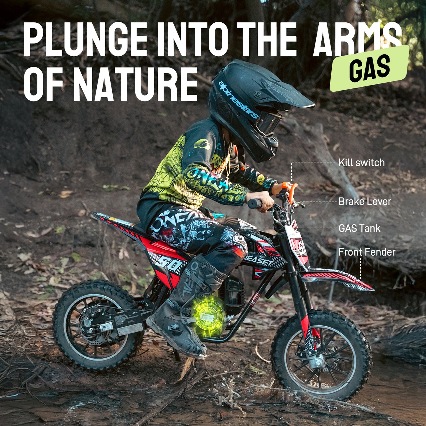 QEASET Gas Dirt Bike for Adults & Teens, 49CC 4-Stroke Gas Powered Mini Bike, Max Speed 25mph, Age13+ (Red)