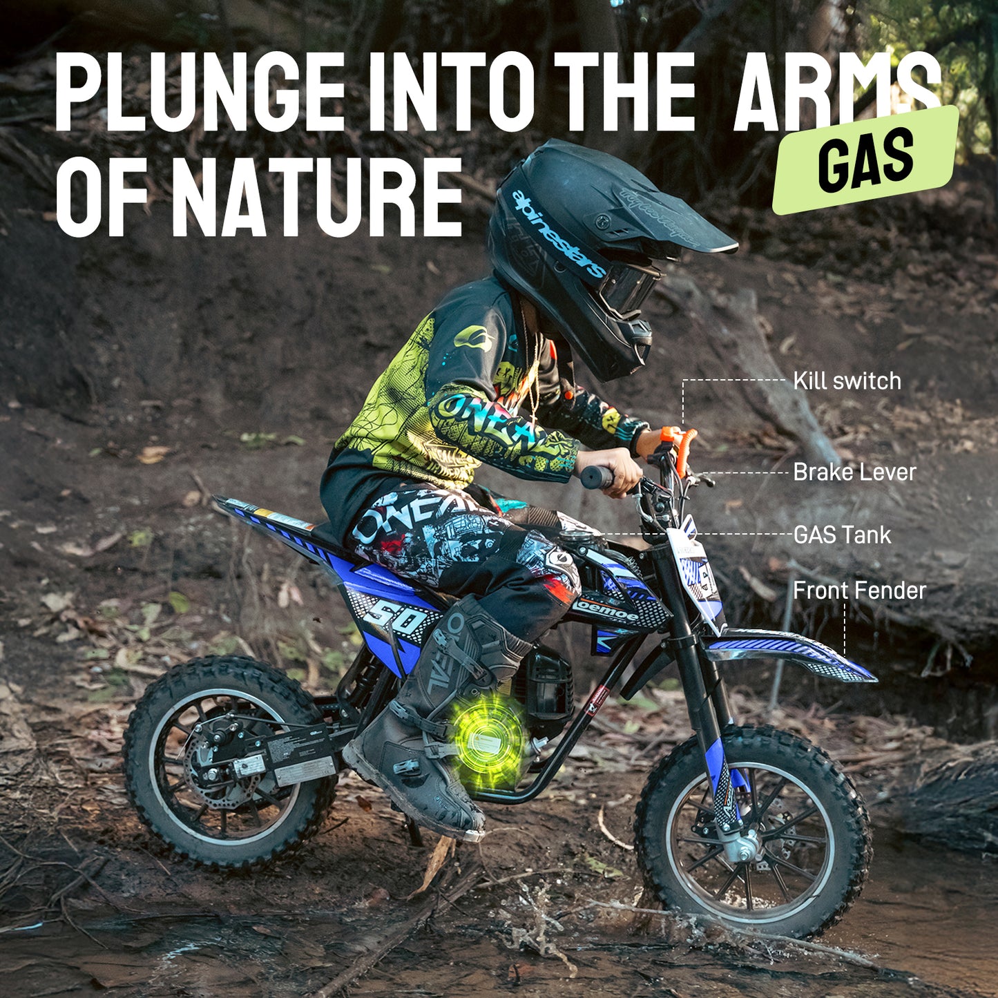 Aoemoe Gas Dirt Bike, 50cc 4-Stroke Gas Powered Kids Off Road Motorcycle (Model-DB4S004) with Off-Road Tire, Suspensions, Disc Brakes, Max Load 165Lbs, Up to 25Mph, NO OIL MIX REQUIRED