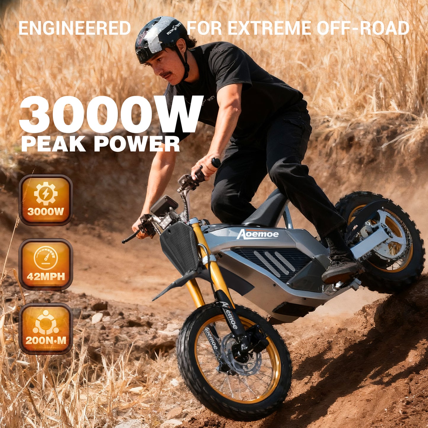 Aoemoe 48V 3000W (Peak Power) Electric Dirt Bike for Teens, 50-55km/h, 40km Range, Off-Road Li-Battery