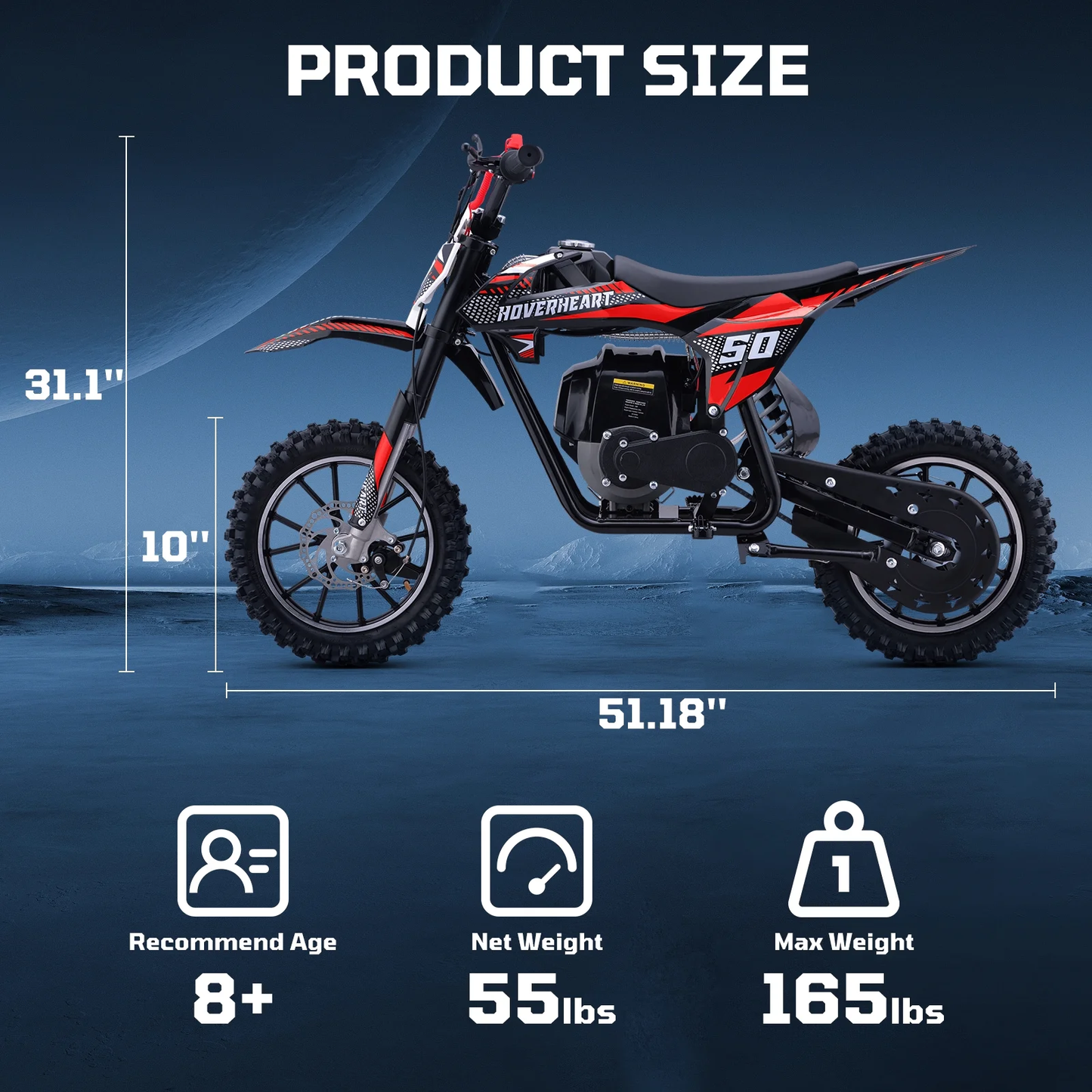 Aoemoe Gas Dirt Bike, 50cc 4-Stroke Gas Powered Kids Off Road Motorcycle (Model-DB4S004) with Off-Road Tire, Suspensions, Disc Brakes, Max Load 165Lbs, Up to 25Mph, NO OIL MIX REQUIRED