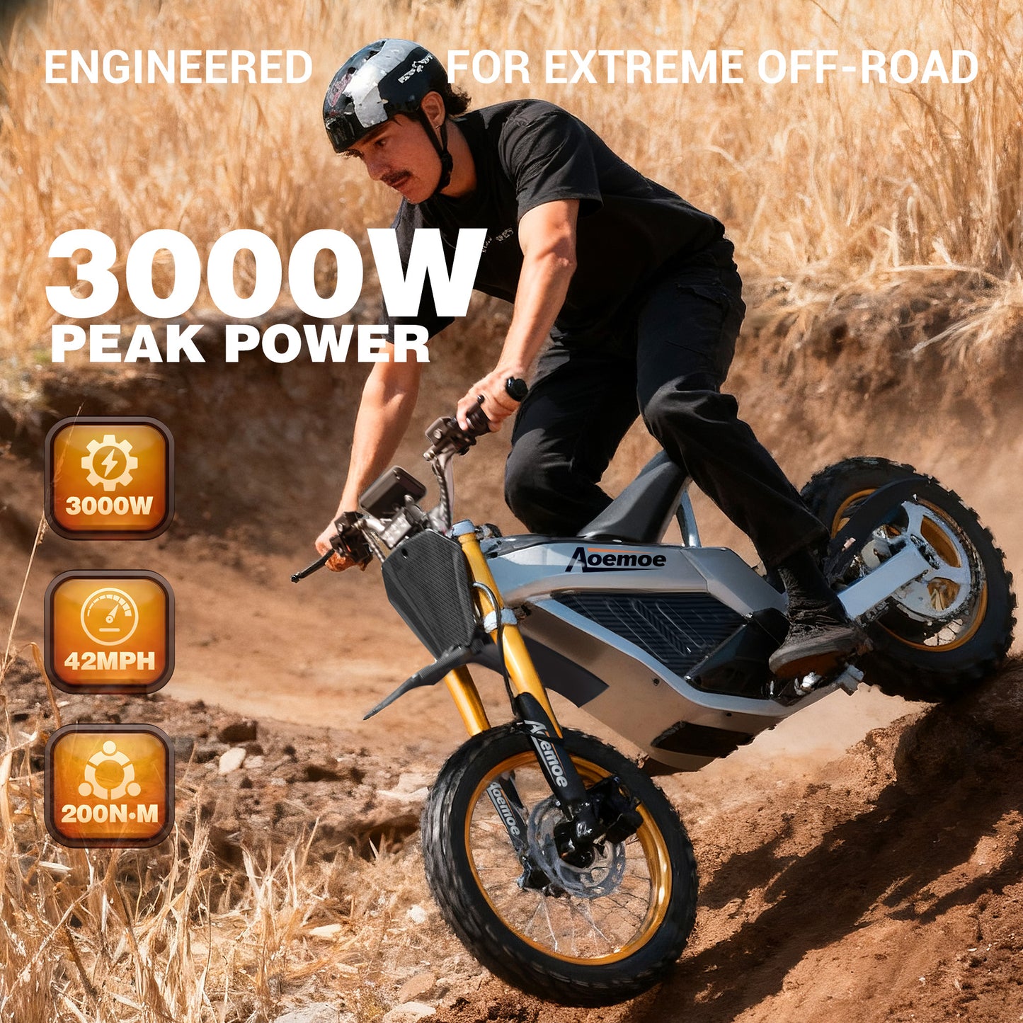 Aoemoe 48V 3000W (Peak Power) Electric Dirt Bike for Teens, 42mph, 40km Range, Off-Road Li-Battery