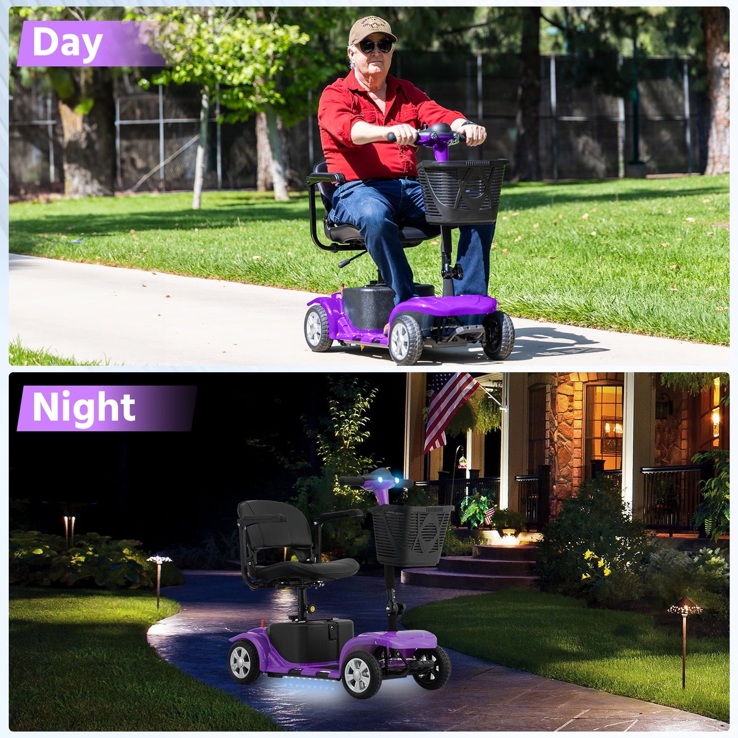 Arshin 4 Wheels Mobility Scooter with USB Port for Seniors,Electric Folding Wheelchair Device for Travel,Purple