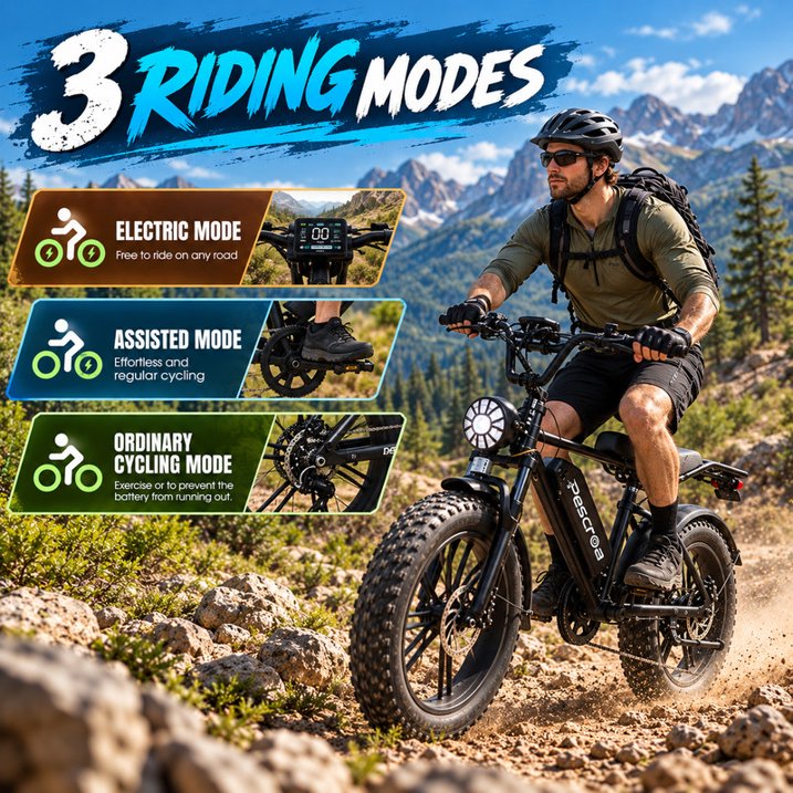 Pescroa Electric Bike for Adults, 750W Motor, 20"x4" Fat Tire, 28MPH Pedal-Assist Mode, E Mountain Bike, 48V/15AH , Tested to UL2849 Standard by SGS