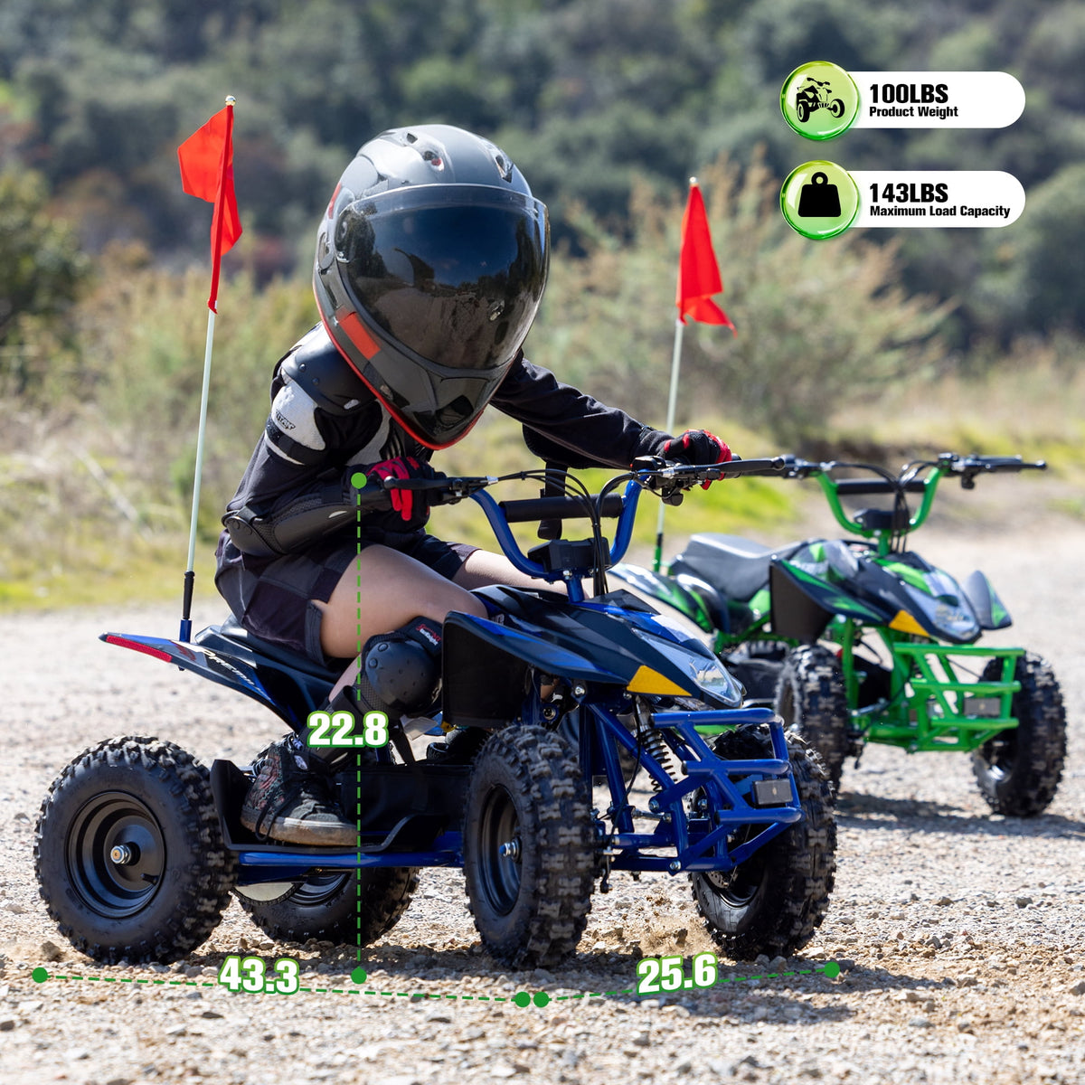 IVFJFV Electric Four Wheeler Vehicle with Dual Speed Adjustment, 15 MPH MAX Speed,4 Wheeler Front & Rear Shock Absorbers, All-Terrain Pneumatic Tires, Safety Disc Brake & Warning Flag,BLUE
