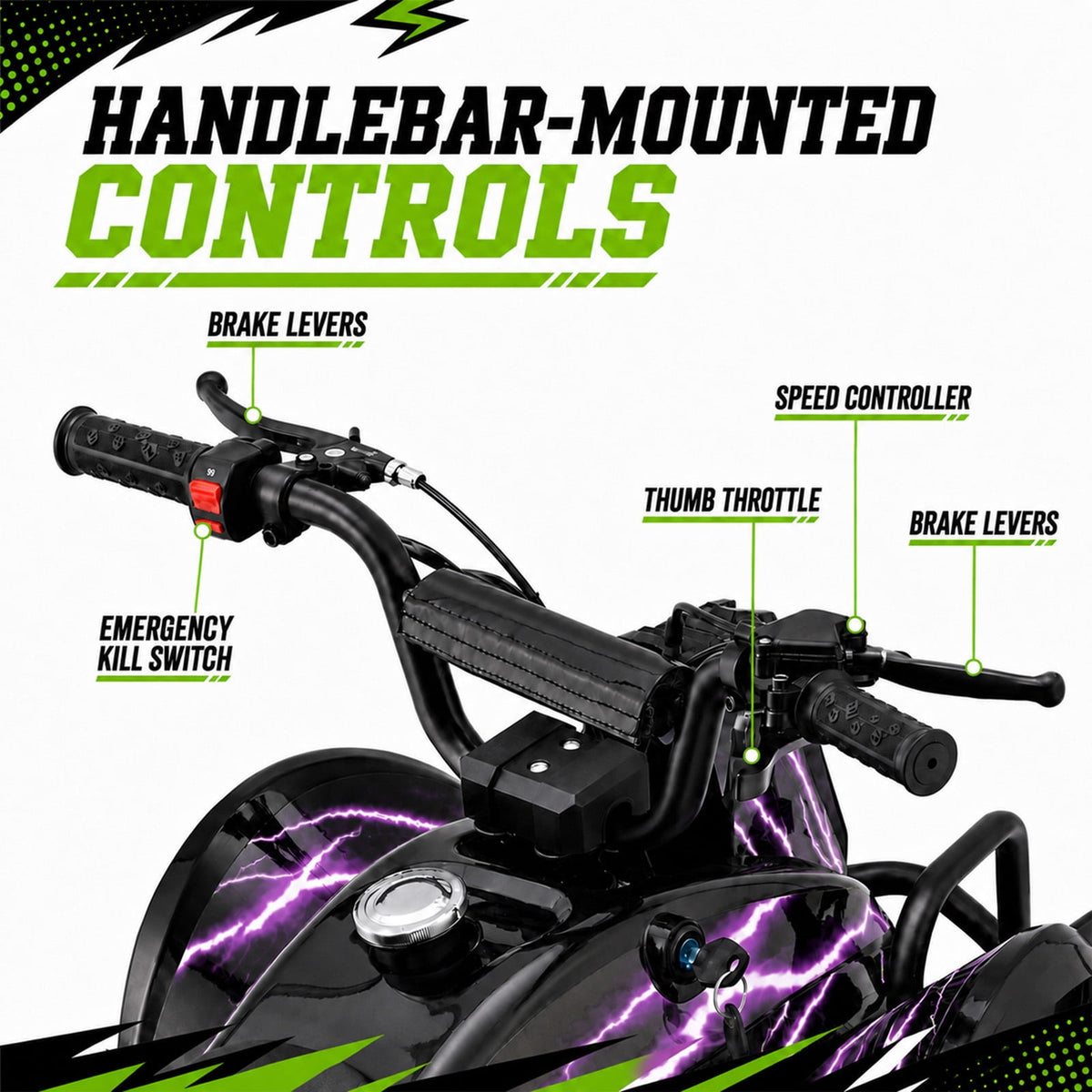 40cc Teen Gas ATV, Gas Powered 4 Wheeler for Teens 13+, 4-Stroke Beginner ATV, Up to 15 MPH, Adjustable Speed, Safety Switches, Front & Rear Brakes - Purple