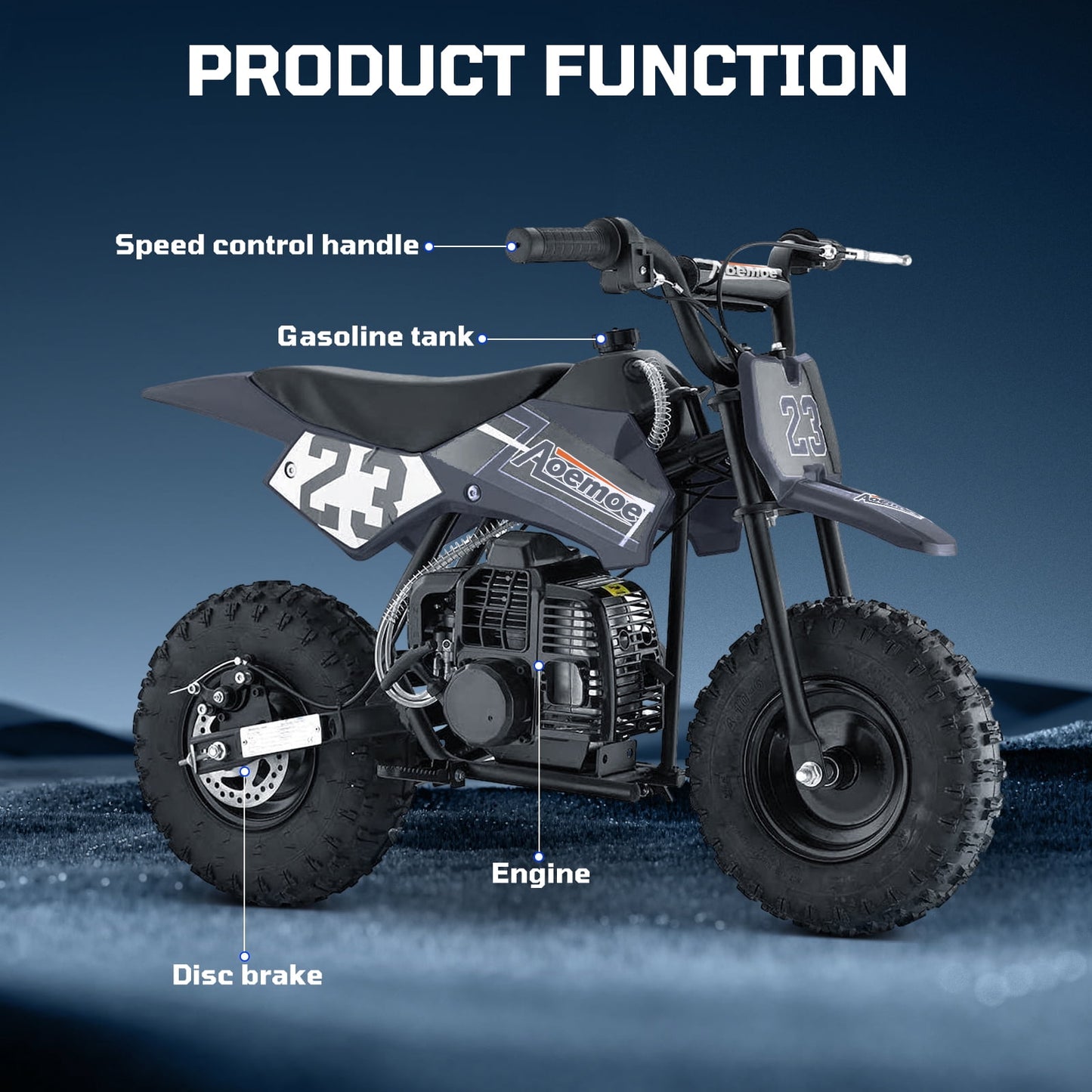 Aoemoe 49cc Kids Dirt Bike Gas Powered, Mini Off-Road Motorcycle with Suspension & Disc Brakes, 18 Mph, 160 Lbs Capacity, Black