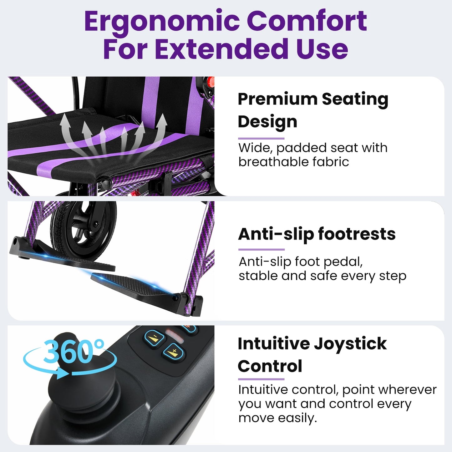 QEASET Foldable Electric Wheelchair for Seniors, All Terrain Motorized Wheelchair for Seniors with Detachable Battery, Purple
