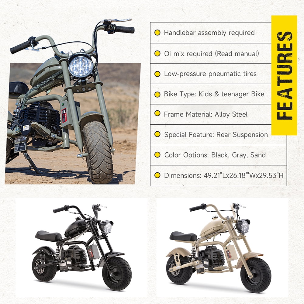 Aoemoe 49cc Gas Mini Chopper for Teens & Adults, Dirt Bike with Headlight, Rear Shock, Disc Brakes, 20MPH, Gary