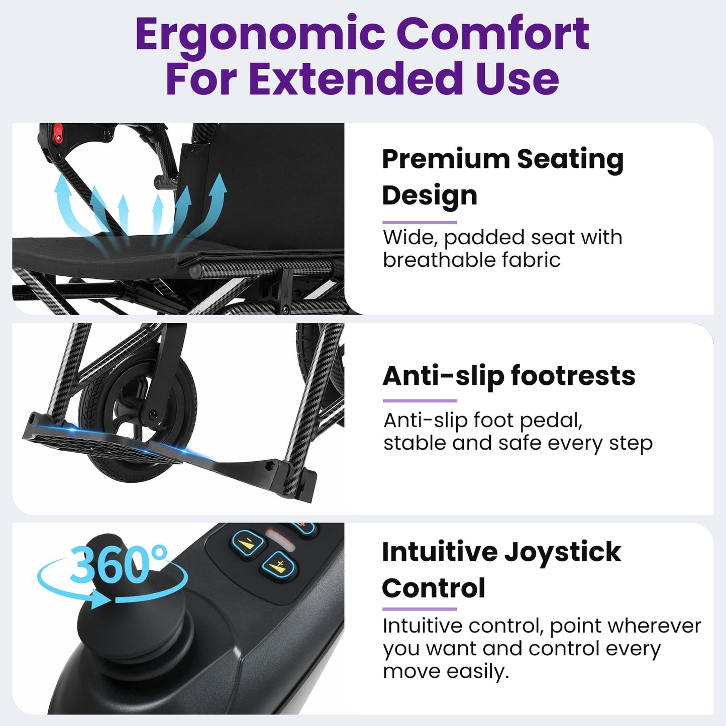 Arshin Electric Wheelchair for Adults - 20+ mile Motorized Wheelchair with 286+ lb Capacity,360°Joystick Control,Lightweight Foldable(Purple)