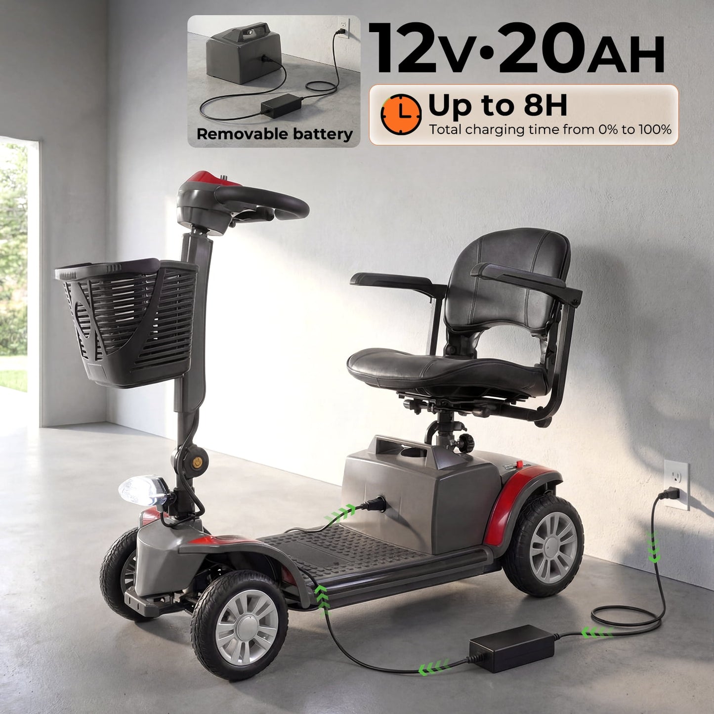 Arshin Senior-Friendly Mobility Scooter,Easy-to-Use and Lightweight Foldable,300lbs,Red