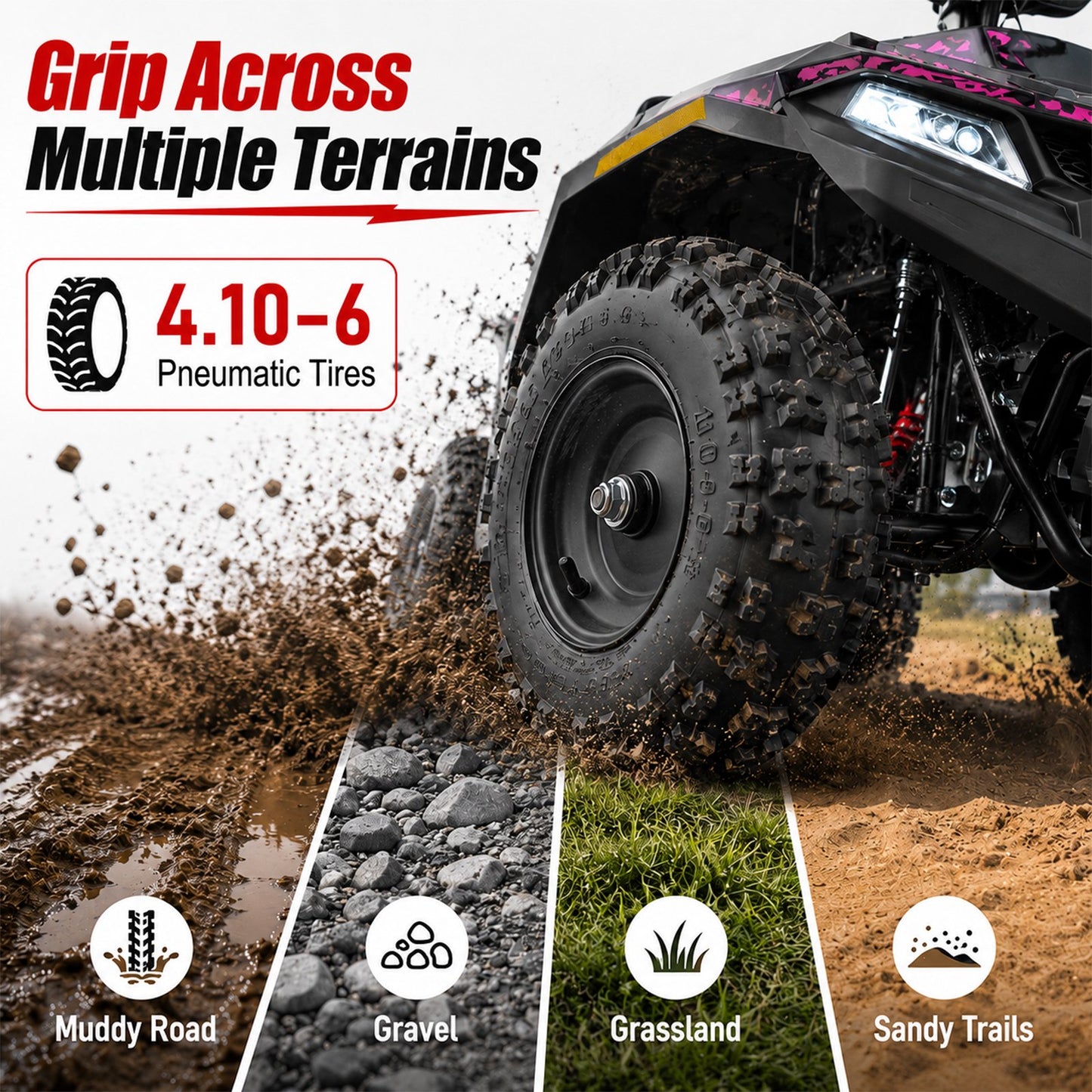 36V Electric Four Wheeler,IVFJFV 500W Four Wheel with Disc Brake Off-Road Ride On Vehicle, Dual Speed Lock &Dual Speed 10mph Low /15mph High All Terrain Ride On Vehicle for Teen Riders,PINK
