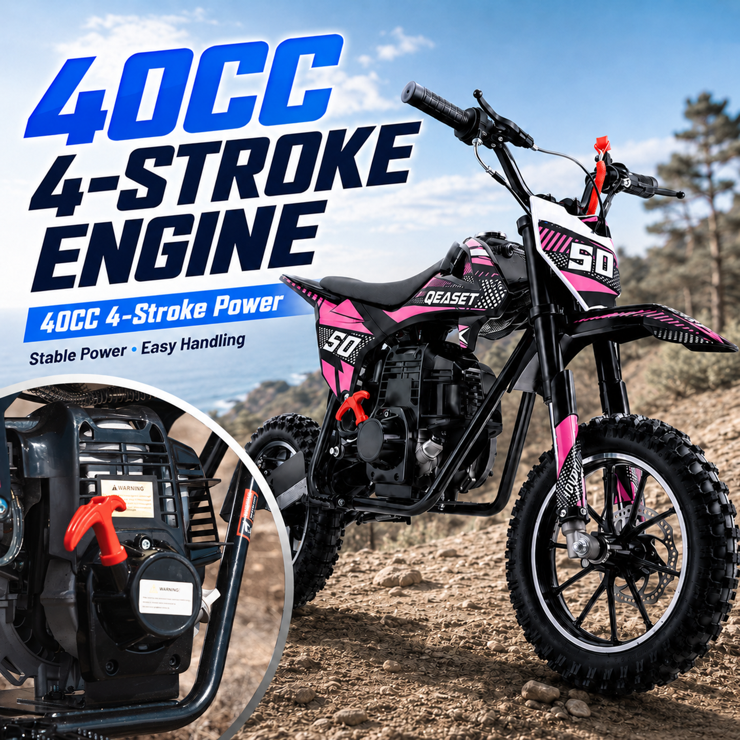 QEASET Mini Gas Powered Ride-On Motorcycle, 39CC 4-Stroke Engine with Disc Brakes, 20 MPH Top Speed, 6.3" Ground Clearance, Supports Up to 165 lbs, Minimal Assembly, Pink