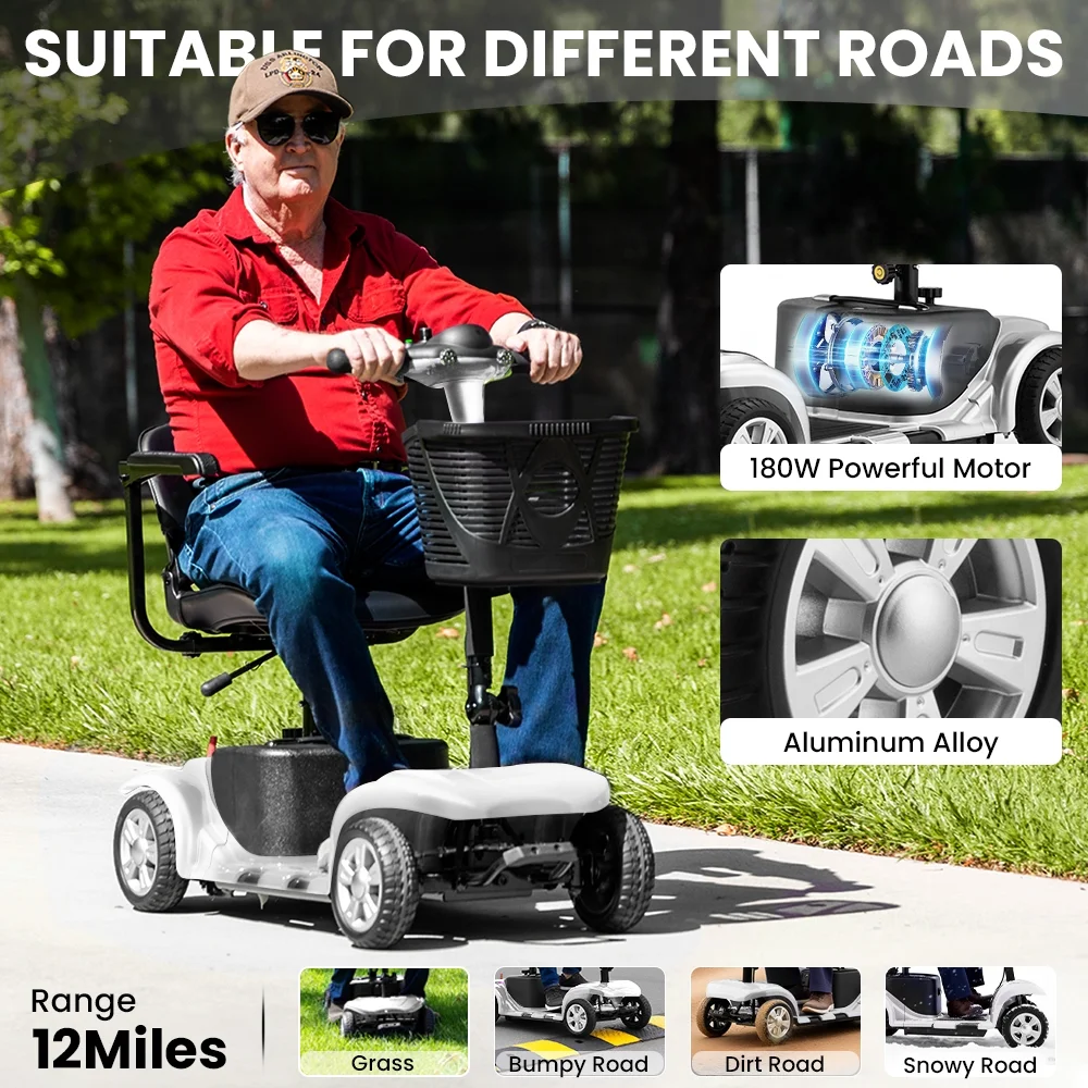 4 Wheel Mobility Scooter for Seniors, Foldable Powered Mobile Wheelchair for Adult 300lbs, Silver