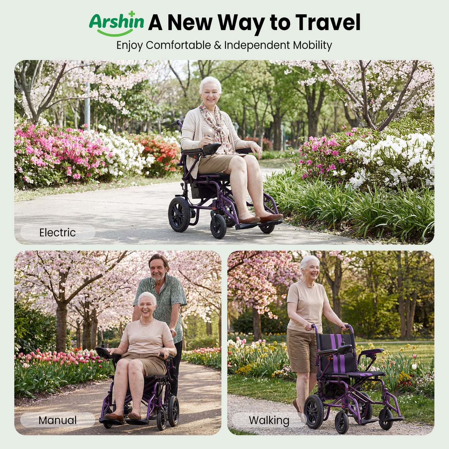 Arshin Electric Wheelchair Lightweight Foldable,20+ Miles Electric Wheelchairs for Adults,360°Joystick Motorized Wheelchair,286+ lbs Capacity,Purple